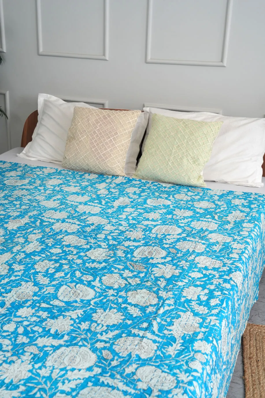 Turquoise Leafy Kantha Bedspread