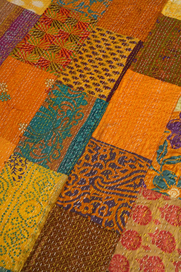 Vintage Silk Kantha Quilt, Handmade Patchwork Bedspread, Unique Textile Art