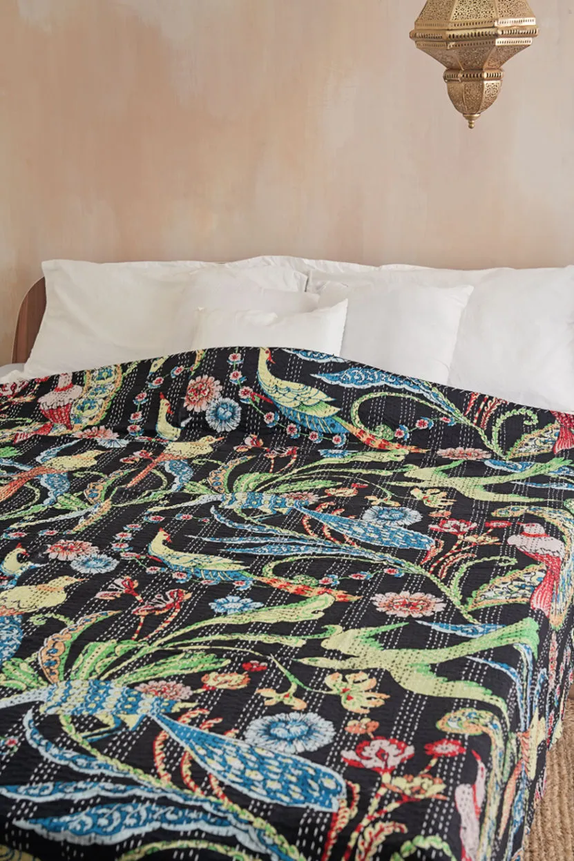 Peacock Kantha Bedspread - Black