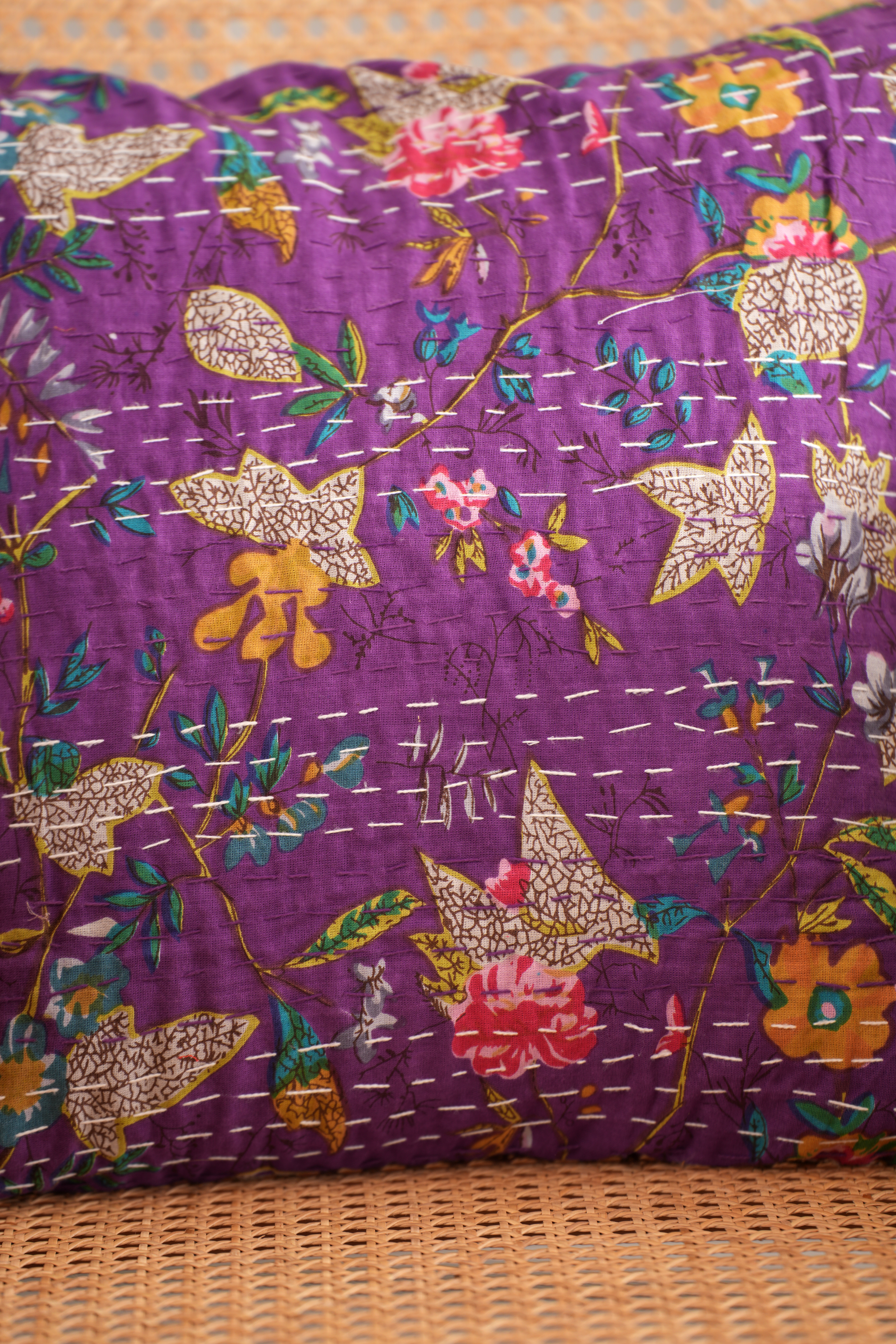 Handmade Cotton Flower Print Kantha Cushion Cover Purple