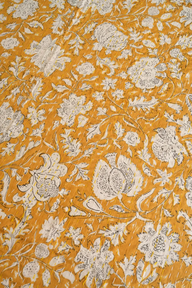 Mustard Yellow Kantha Quilt, Indian Handmade Bedspread, Minimalist Bedding, Unique Home Decor