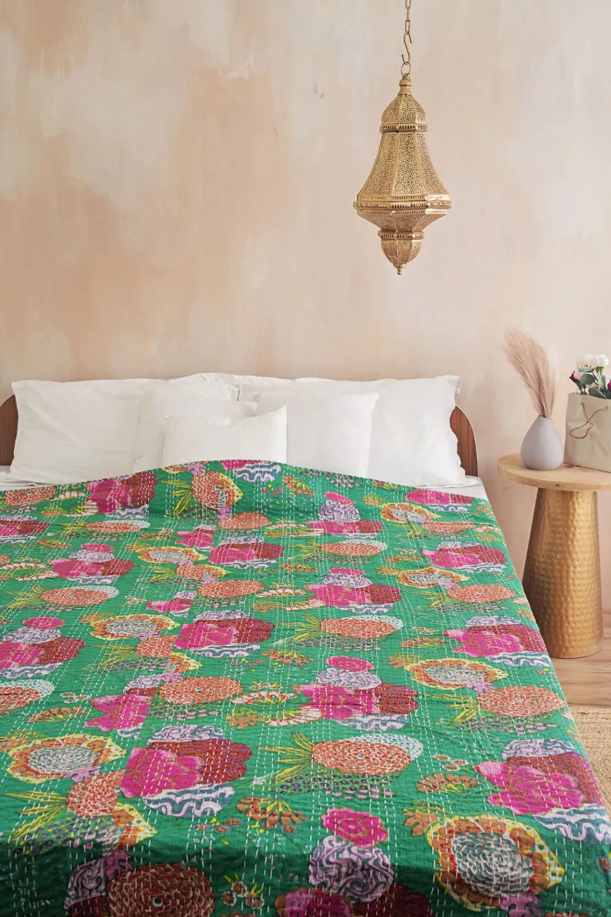 Green Printed Cotton Kantha Quilt