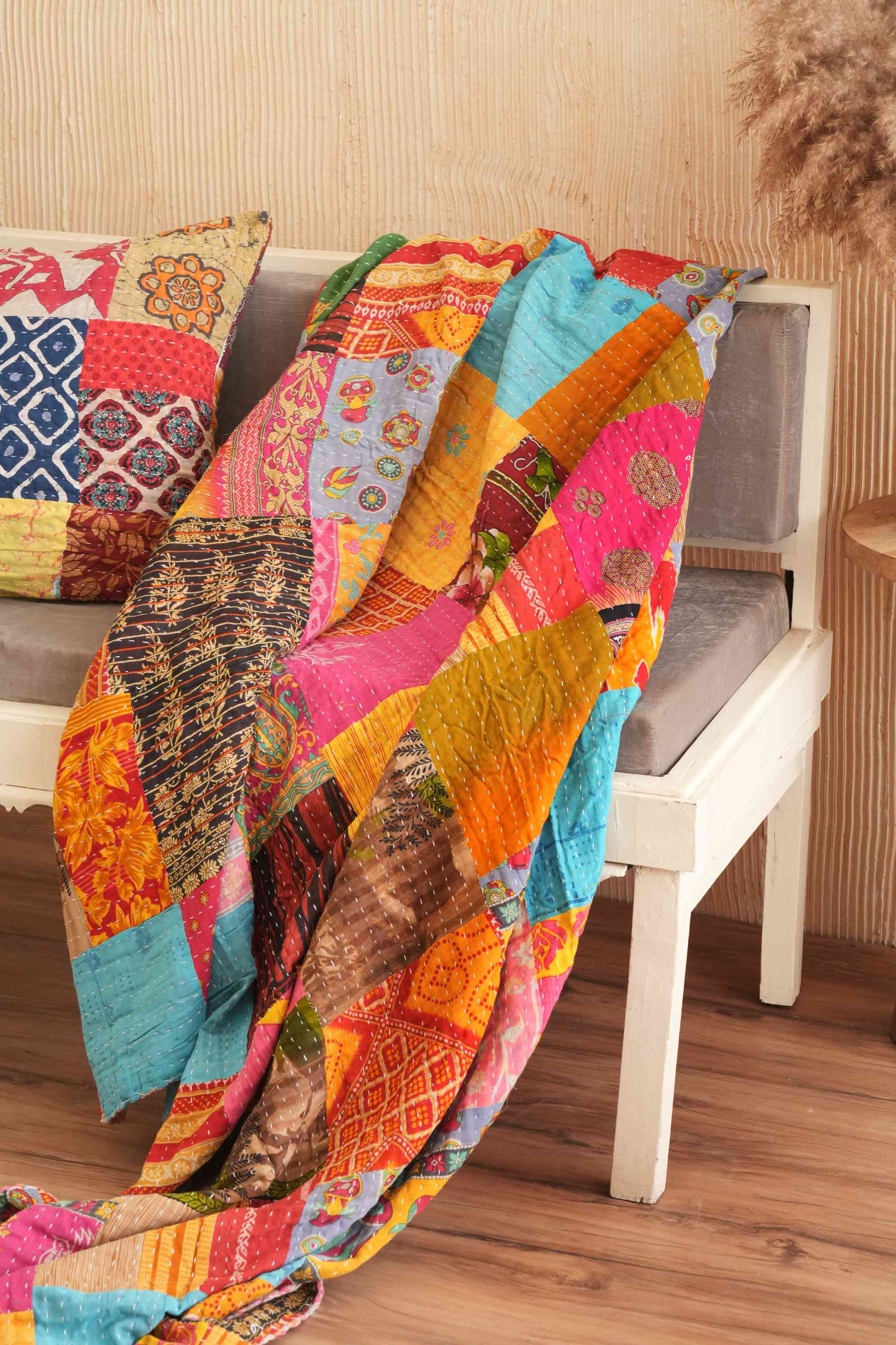 Handmade Cotton Patchwork Kantha Quilt Sofa Throw Blanket