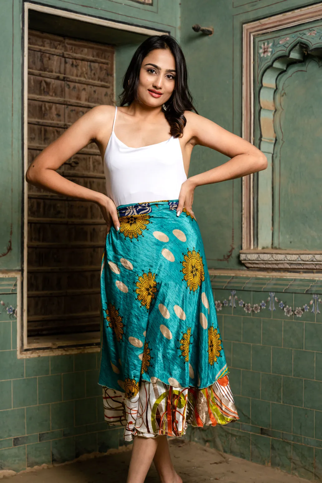 Floral Silk Sari Wrap Skirt - Tea Lenght