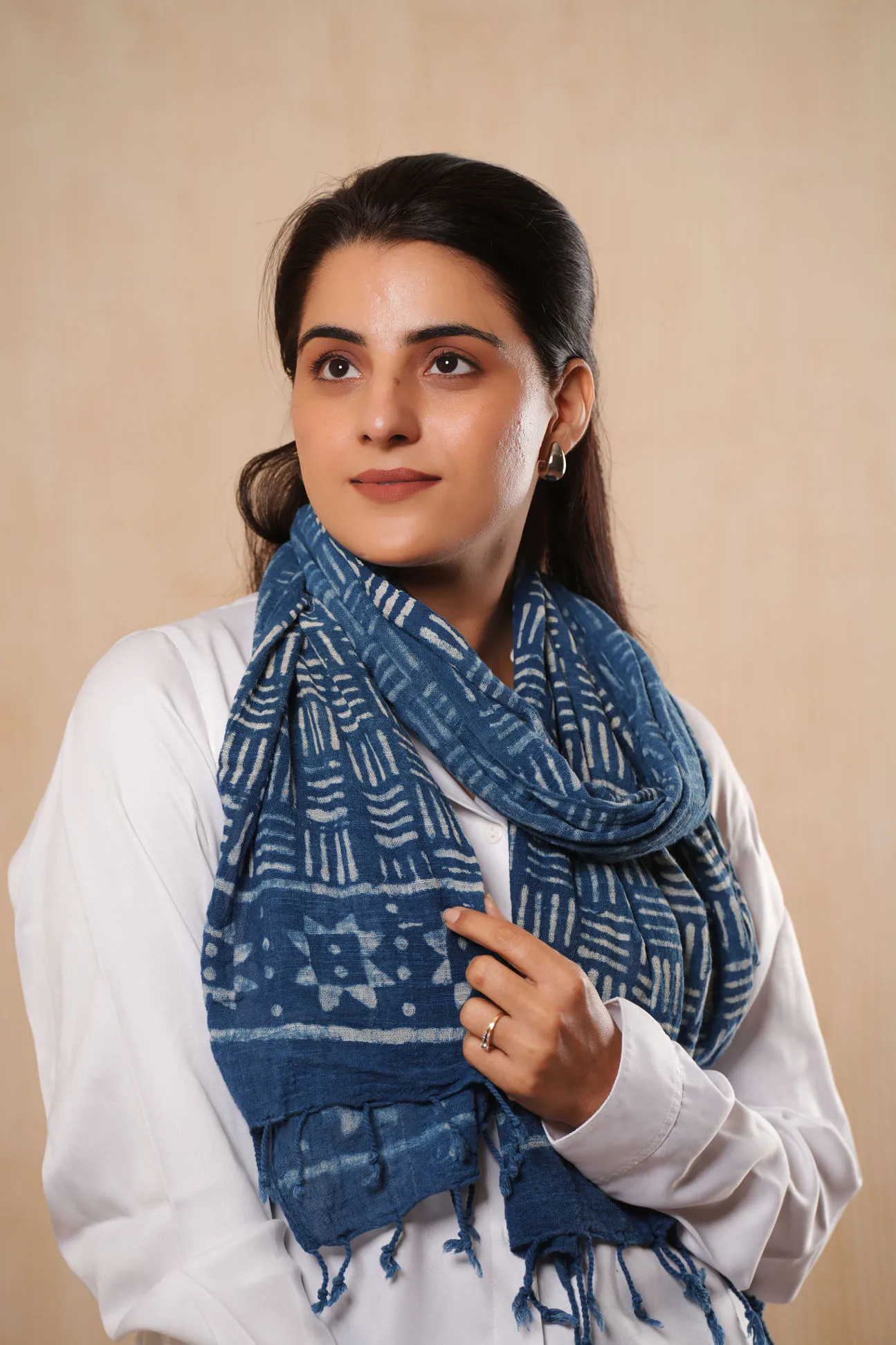 Hand Printed Cotton Indigo Blue Scarf - #D8