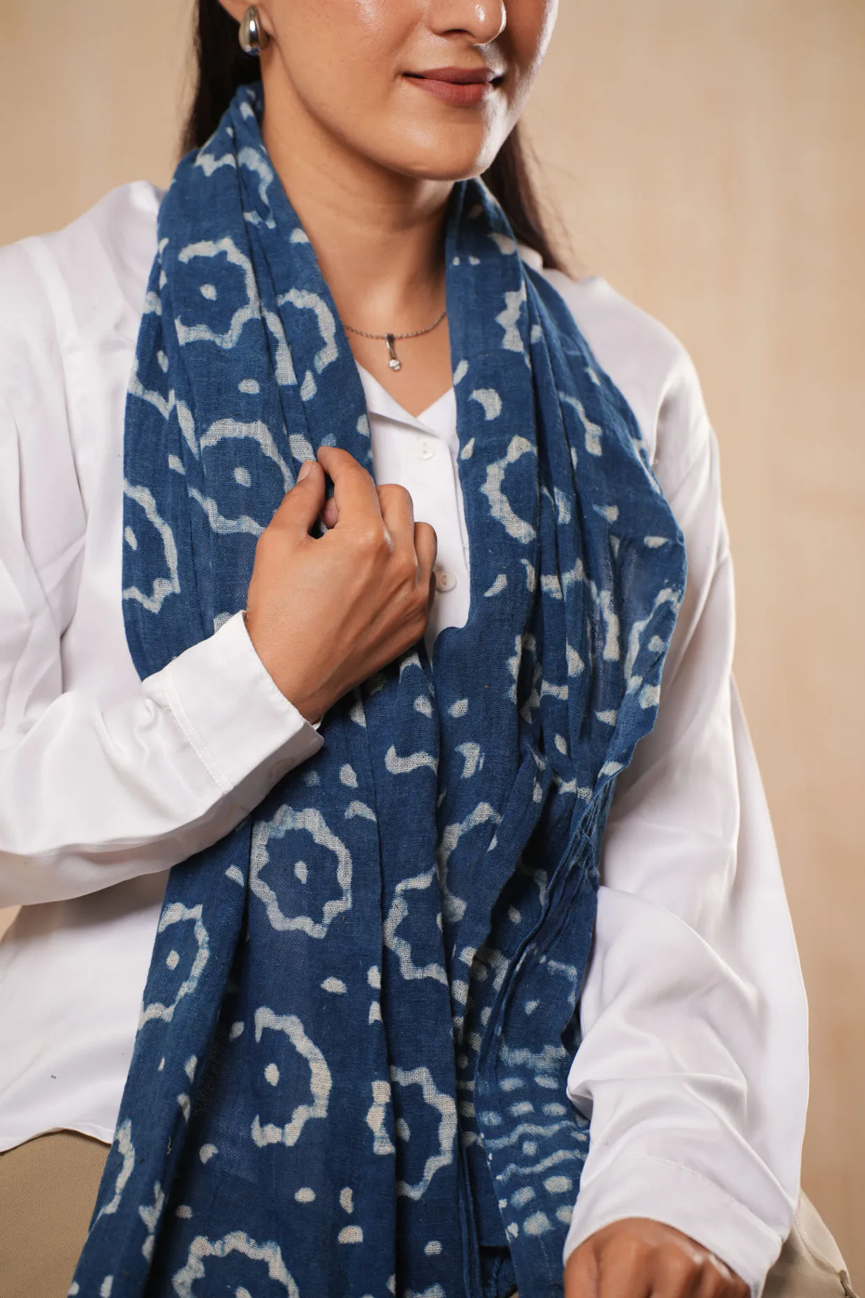 Cotton Indigo Blue Floral Scarf - #D6