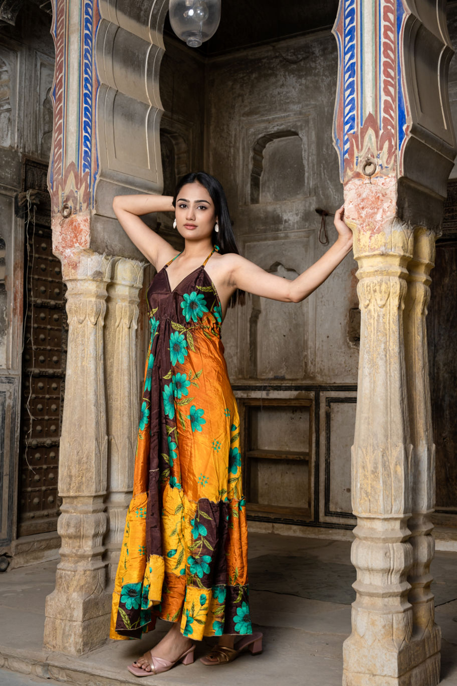 Open Back Silk Sari Maxi Dress - Brown & Yellow