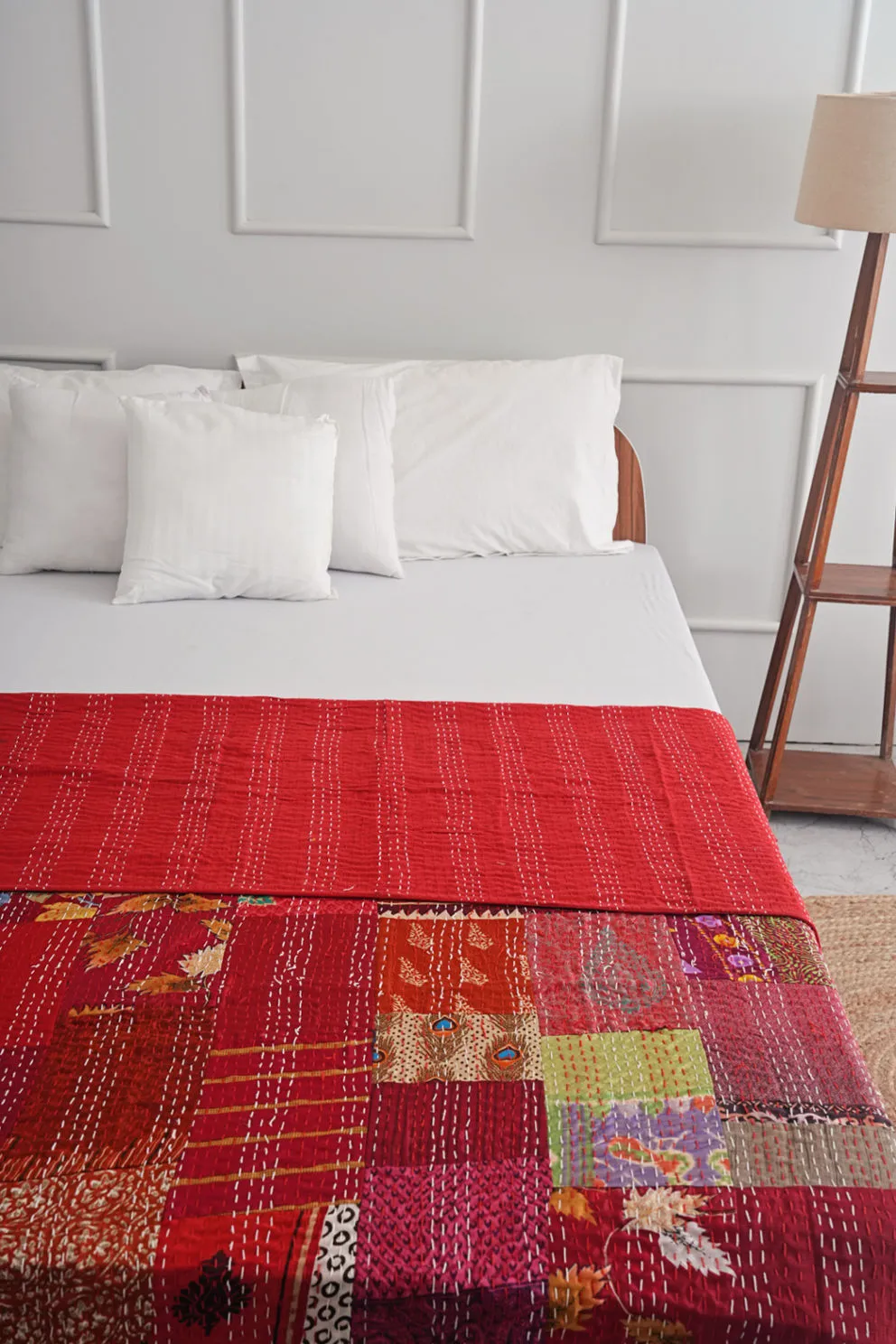 Red Vintage Silk Sari Kantha Bedspread