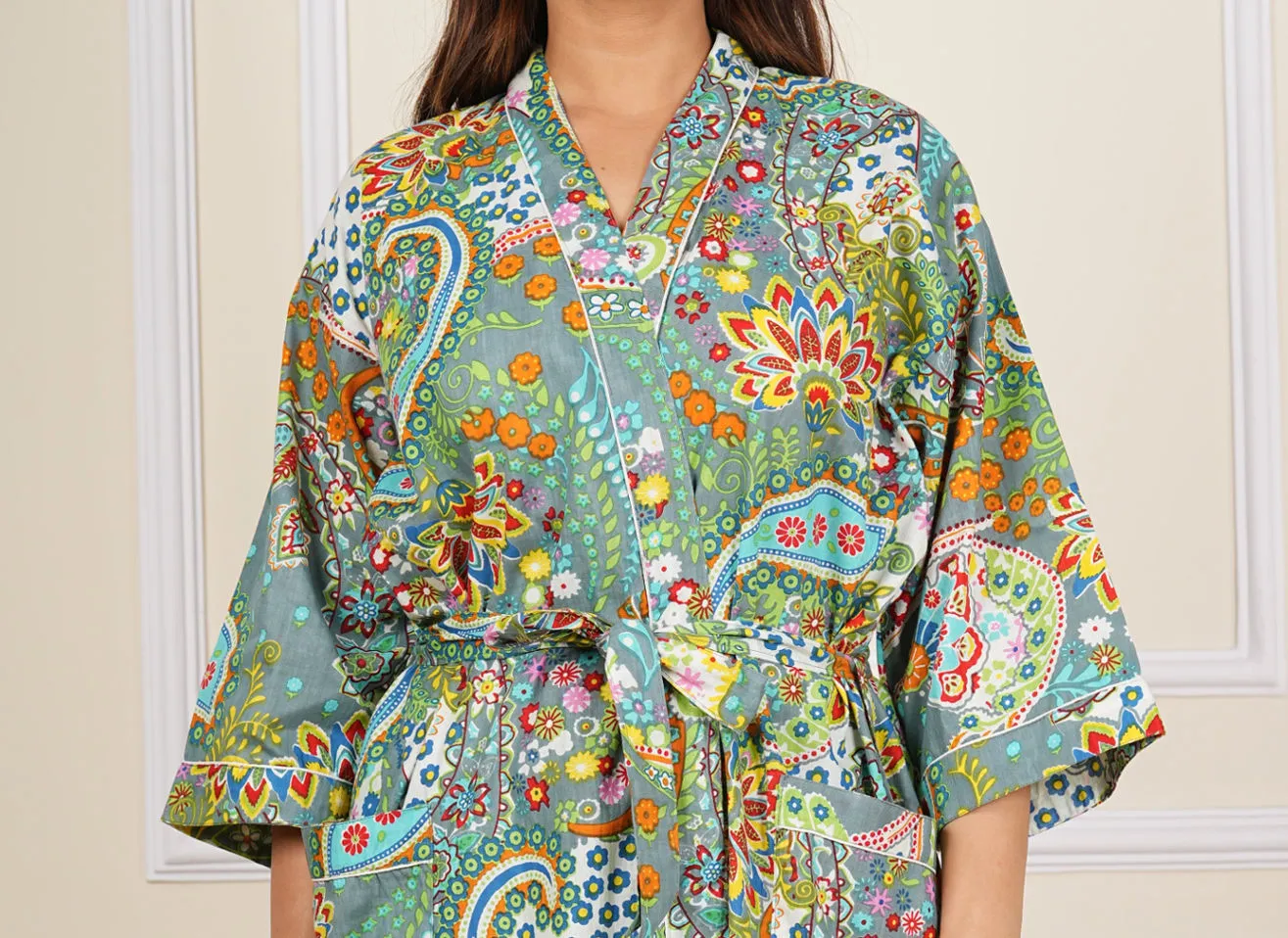 Grey Paisley Cotton Kimono / Bath Robe