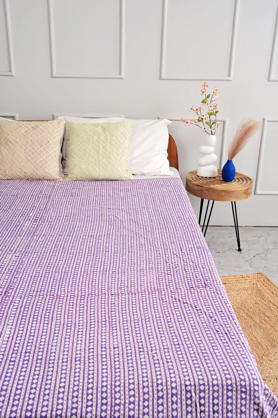 Hand-Block Printed Diamond Kantha Quilt