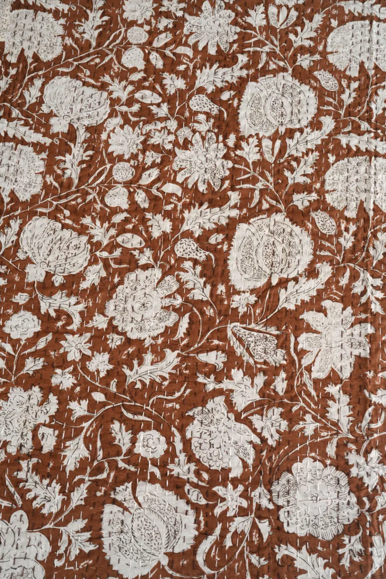 Brown Minimalist Hand Printed Indian Cotton Kantha Quilt