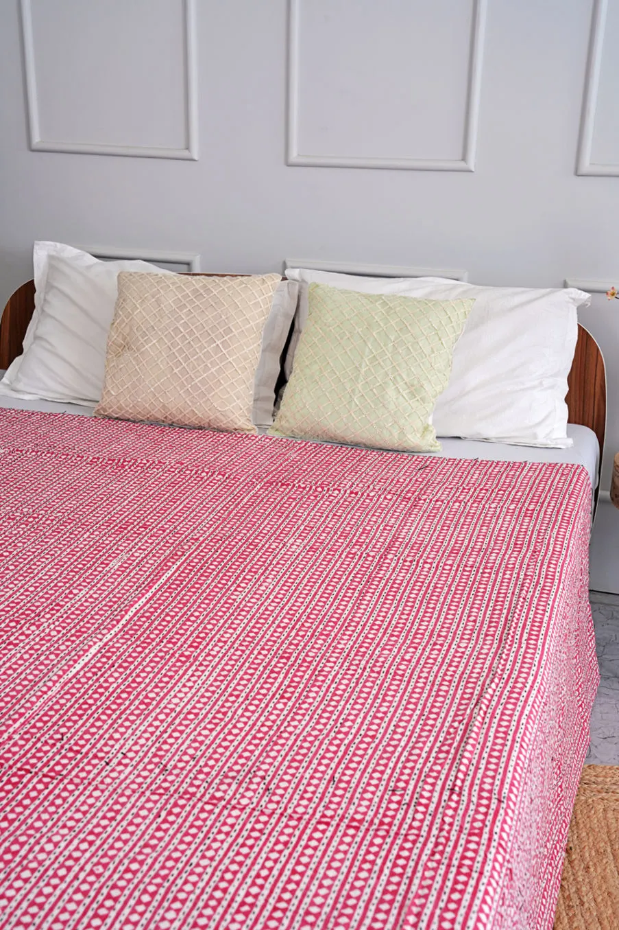 Minimalist Printed Diamond Queen Kantha Quilt