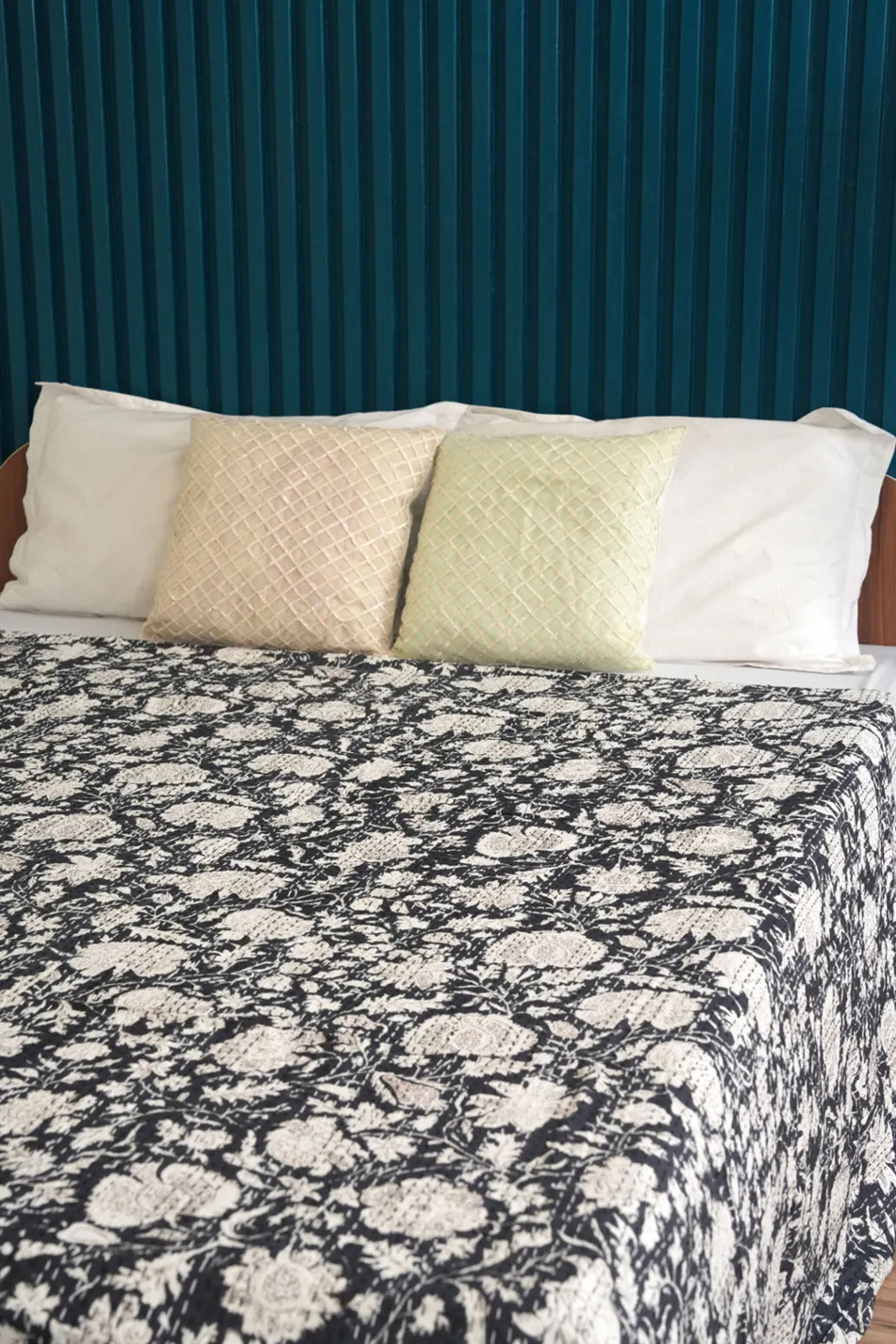 Black Minimal Cotton Kantha Quilt