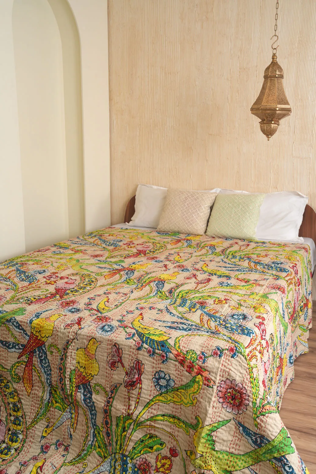 Peacock Kantha Quilt - Beige