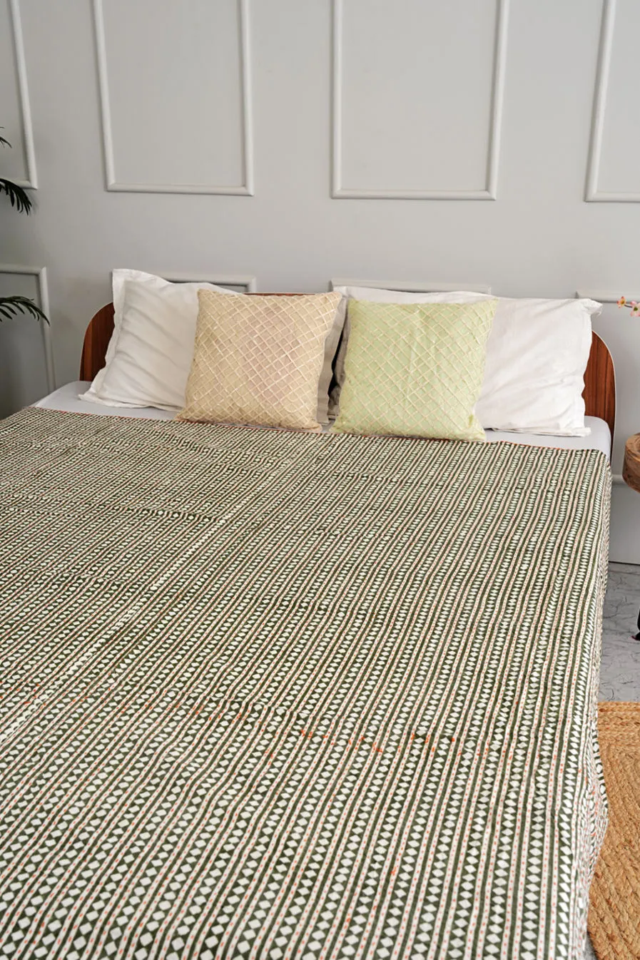 Green Diamond Queen Kantha Bedspread