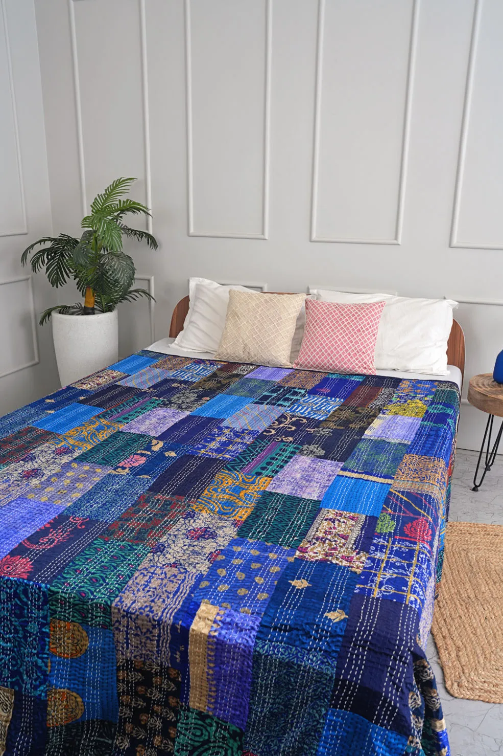 Boho Patchwork Silk Kantha Quilt