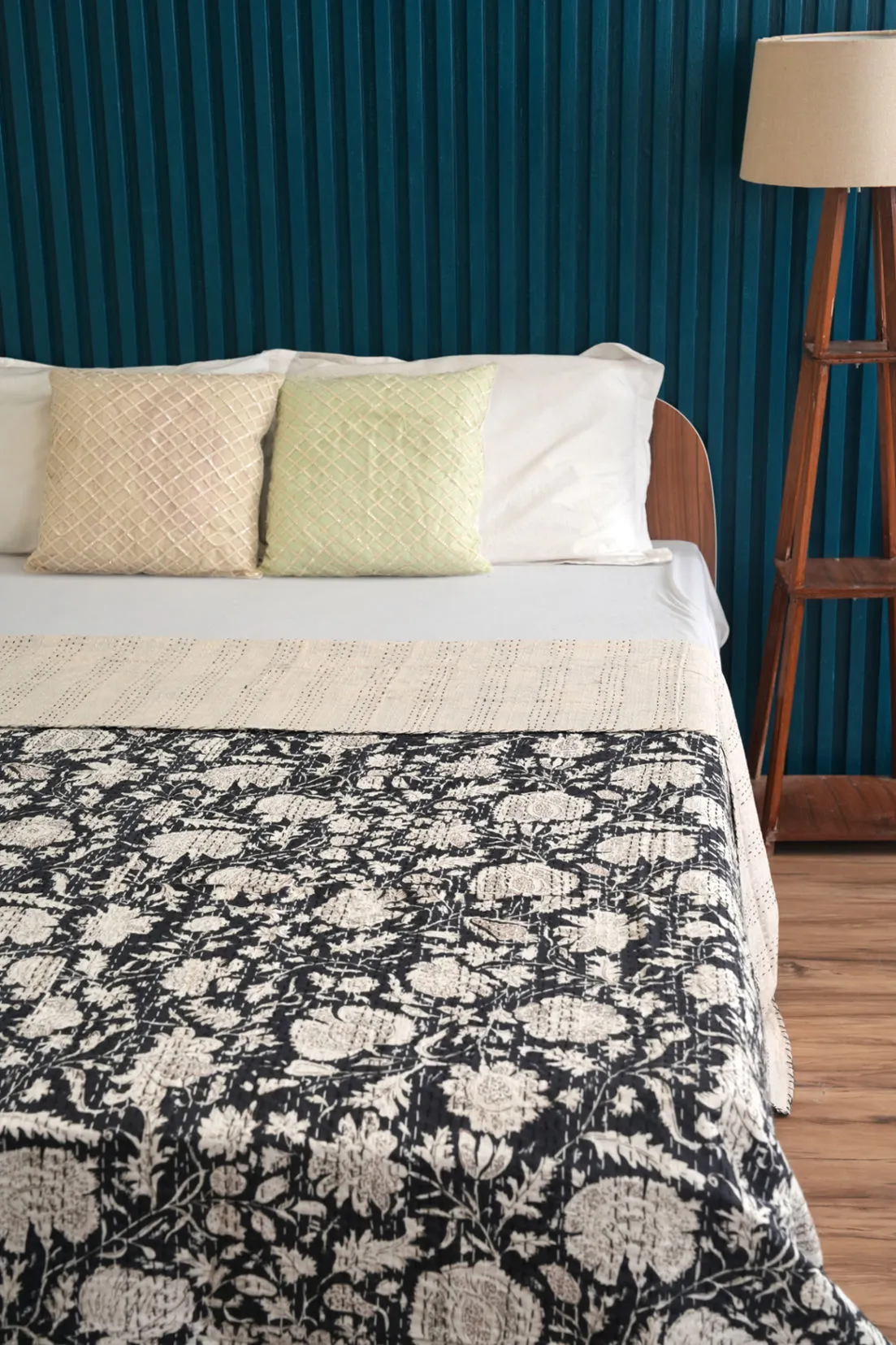 Black Minimal Cotton Kantha Quilt