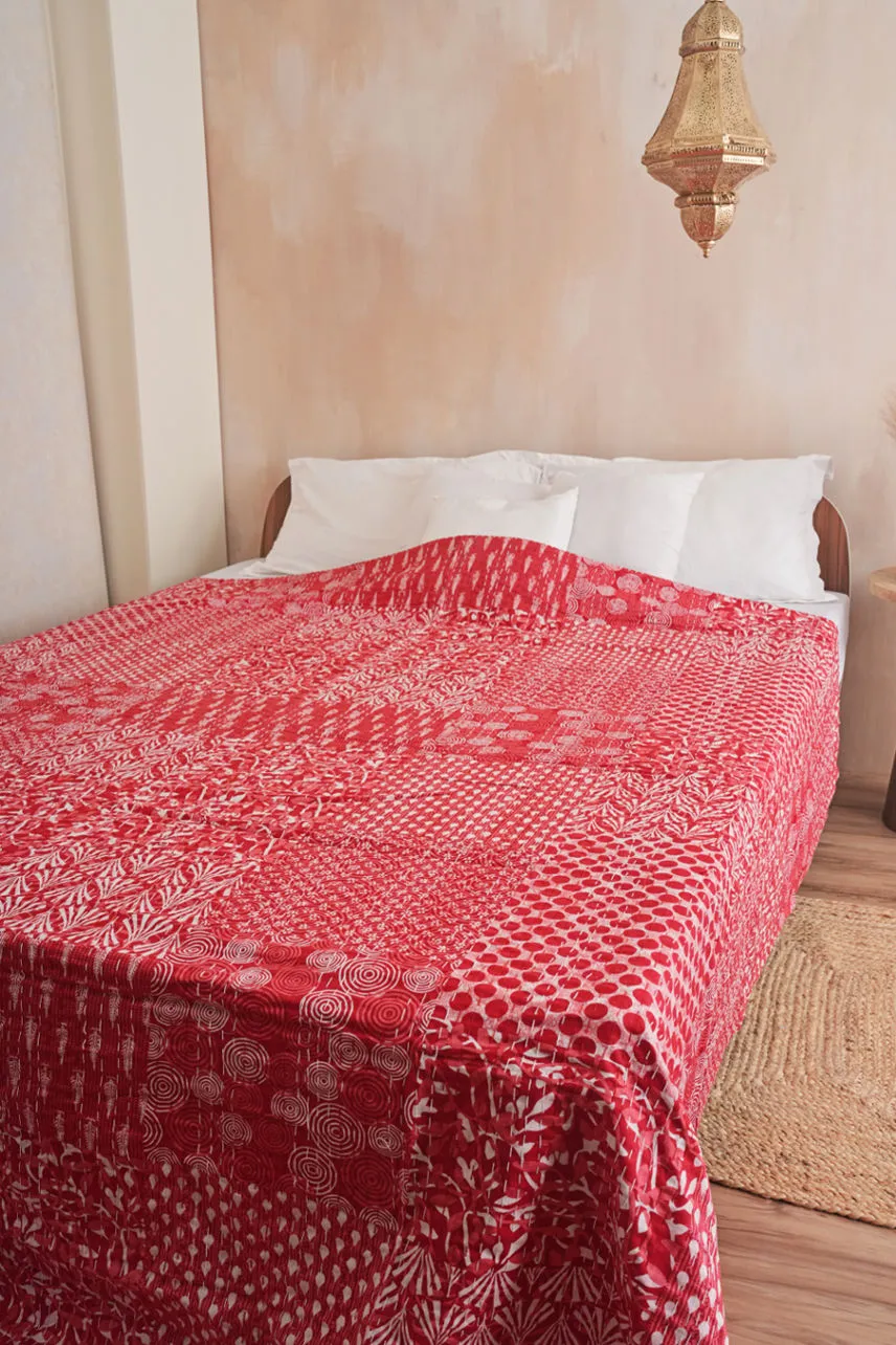 Red Patchwork Field Cotton Kantha Quilt