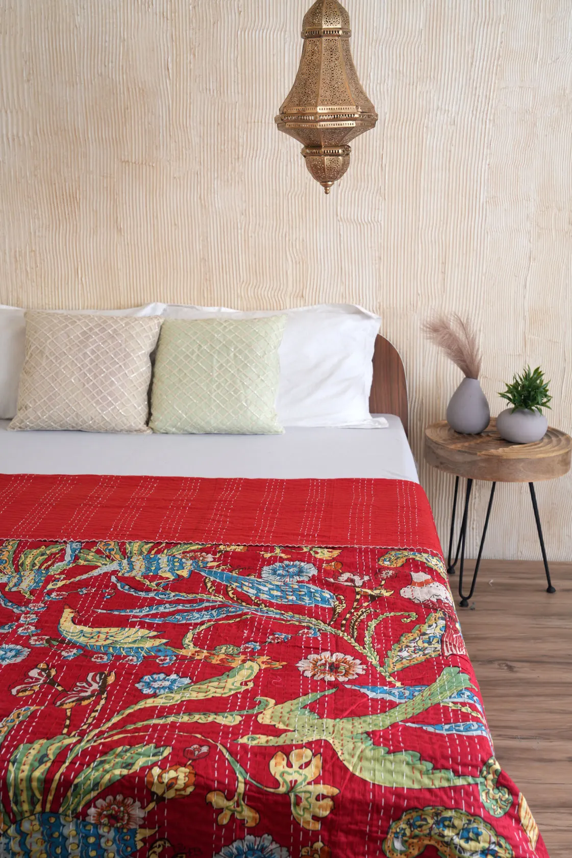 Peacock Kantha Quilt - Red