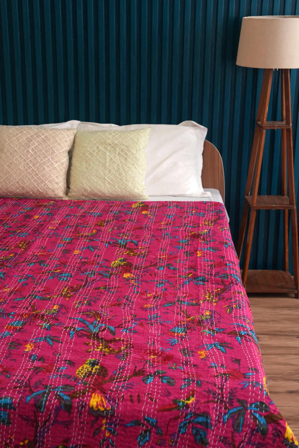 Pink Bird Cotton Kantha Quilt