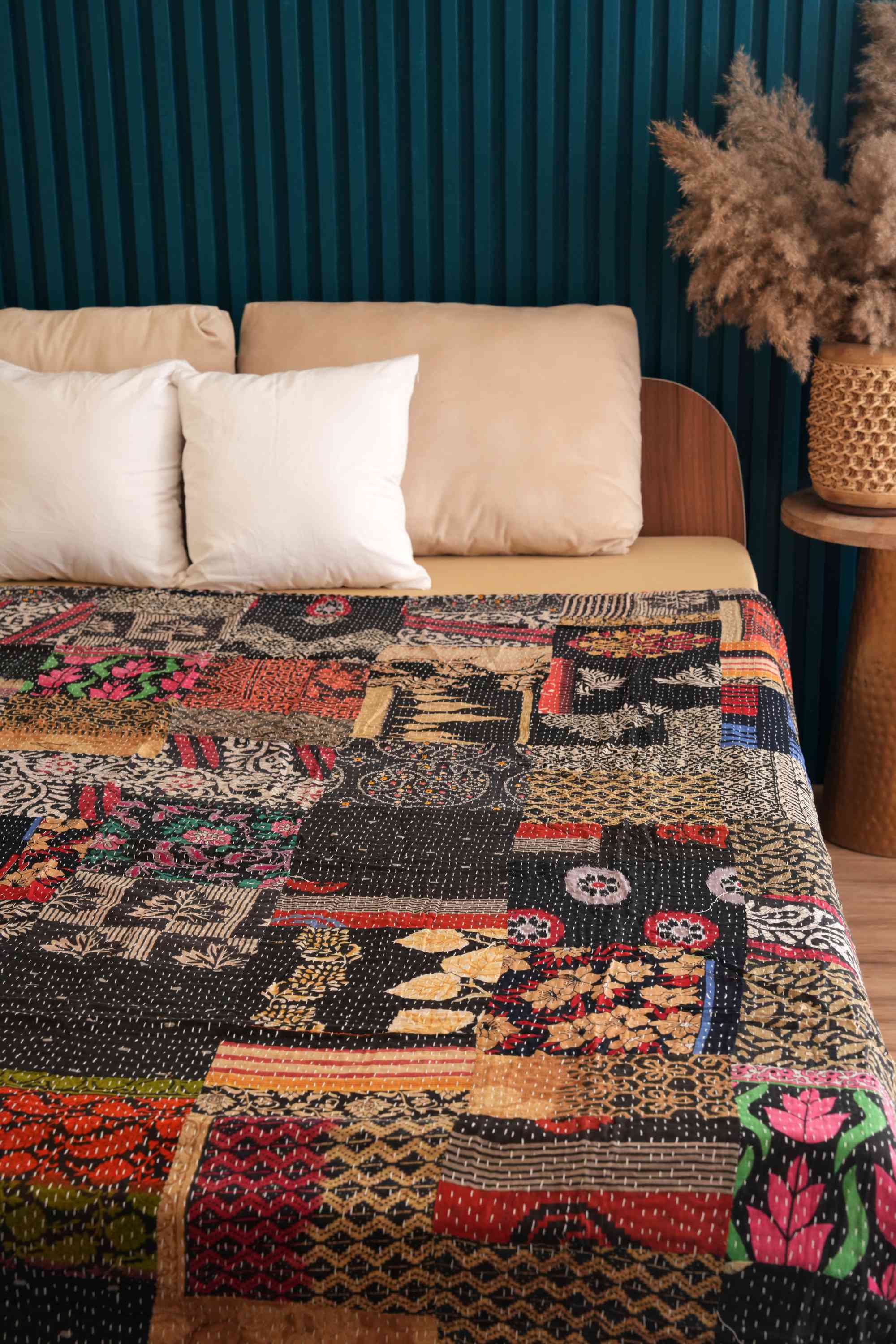 Handmade Black Vintage Patchwork Kantha Quilt