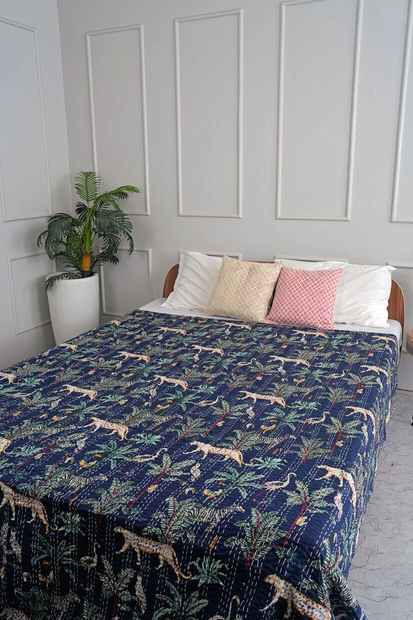 Navy Safari Kantha Bedcover