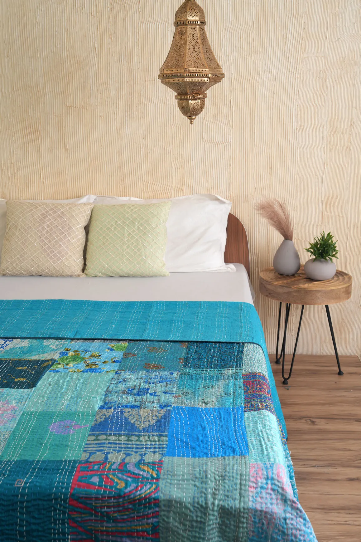 Luxe Silk Patchwork Turquoise Kantha Quilt