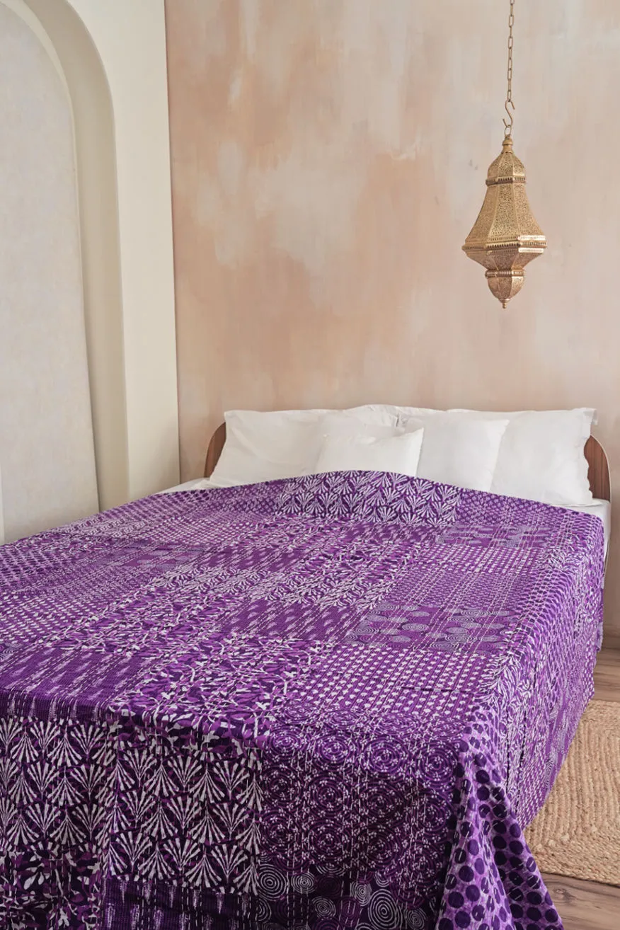 Luxurious Patchwork Purple Kantha Bedspread