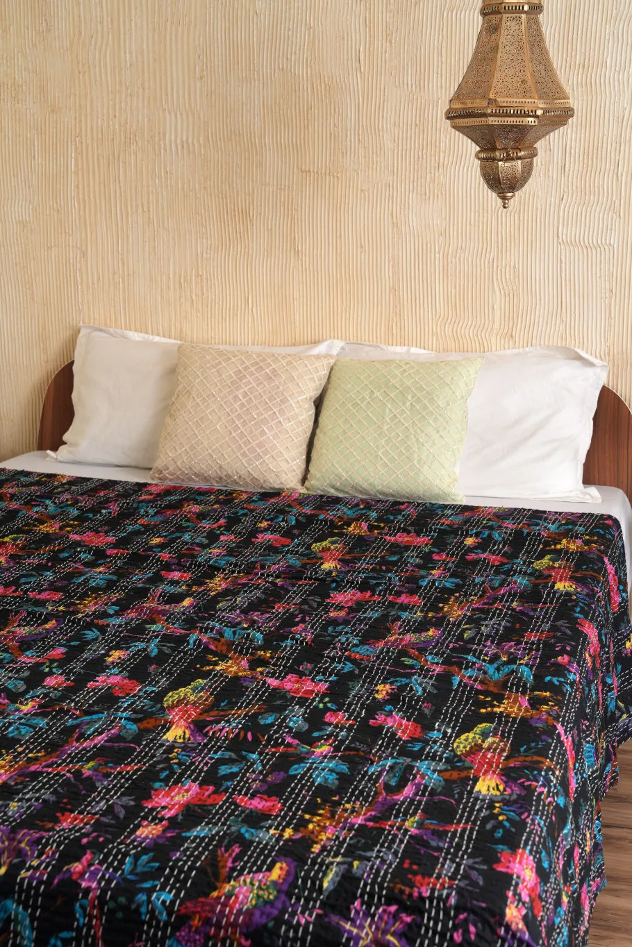 Handmade Cotton Kantha Bedspread Indian Vintage Black Kantha Quilt