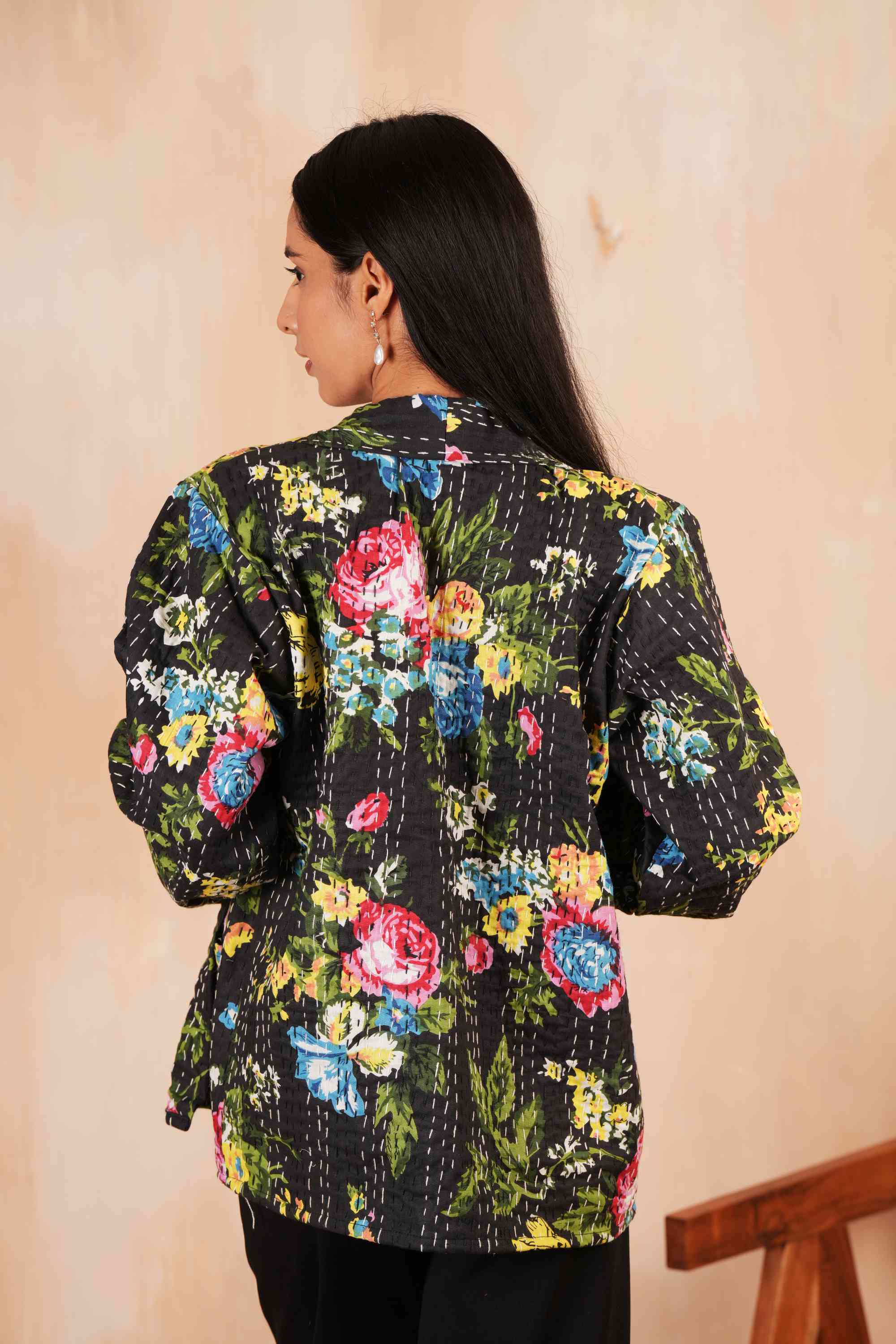 Black Floral Cotton Handmade Kantha Jacket