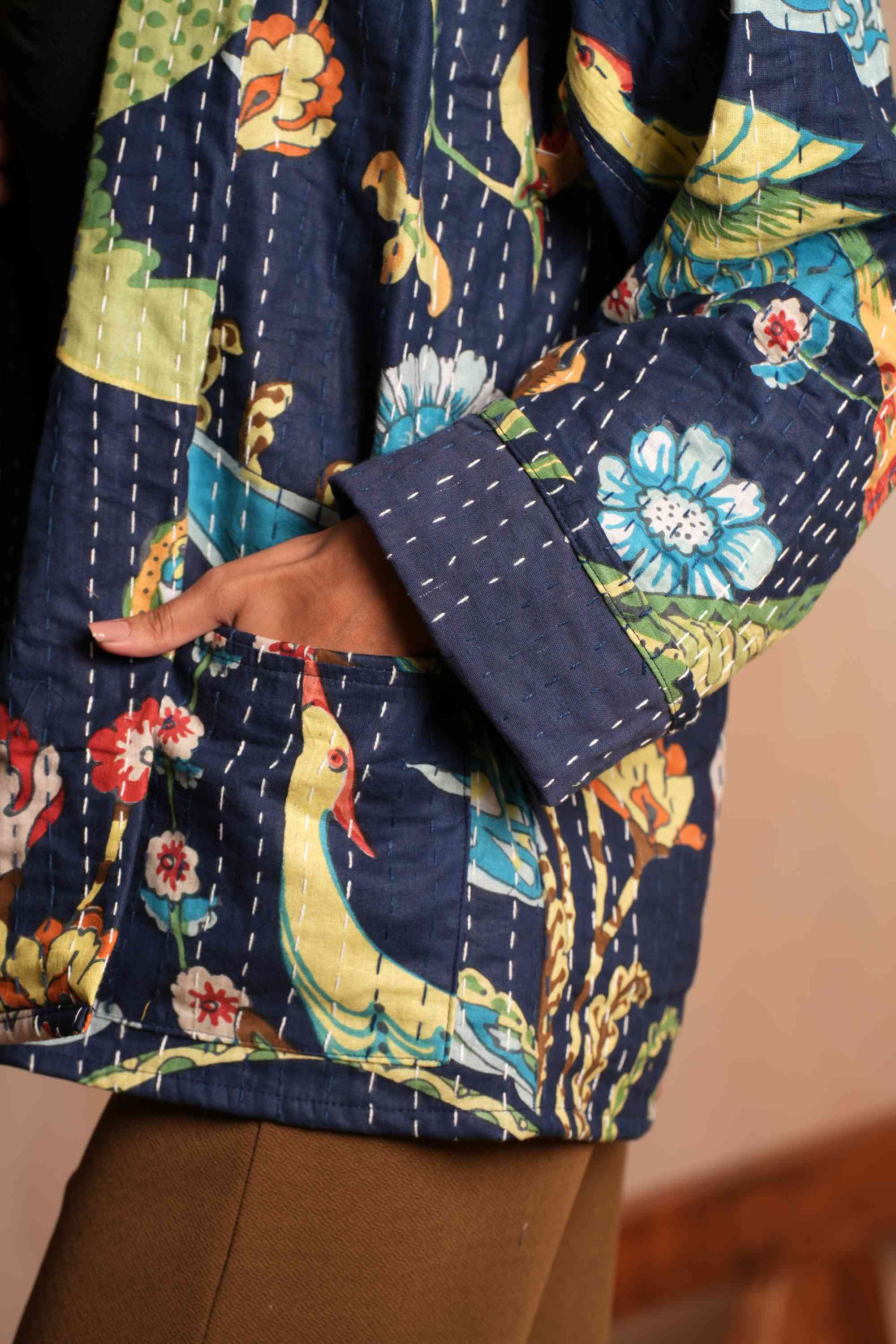 Blue Peacock Cotton Kantha Jacket