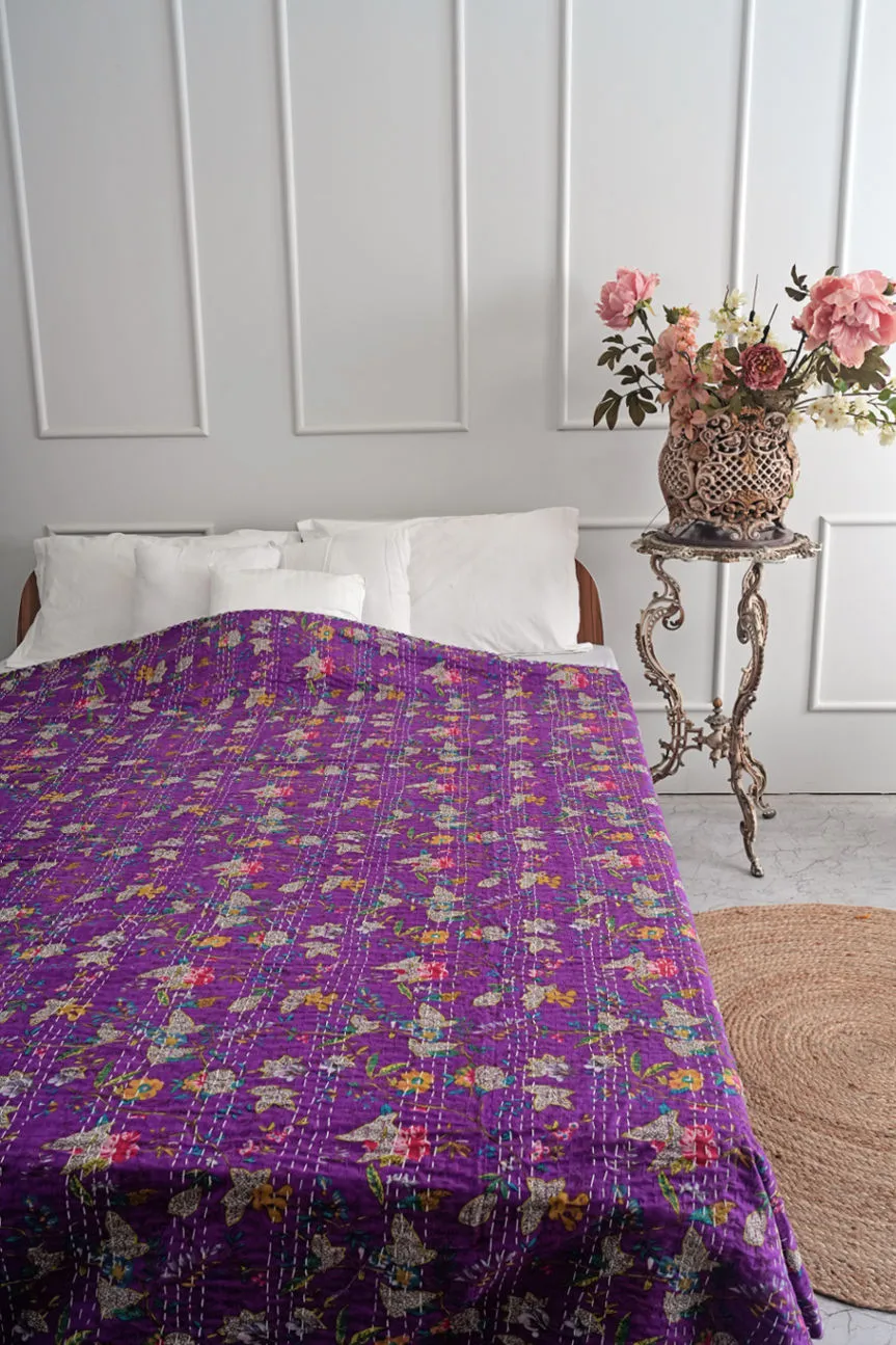 Purple Floral Handmade Cotton Kantha Quilt