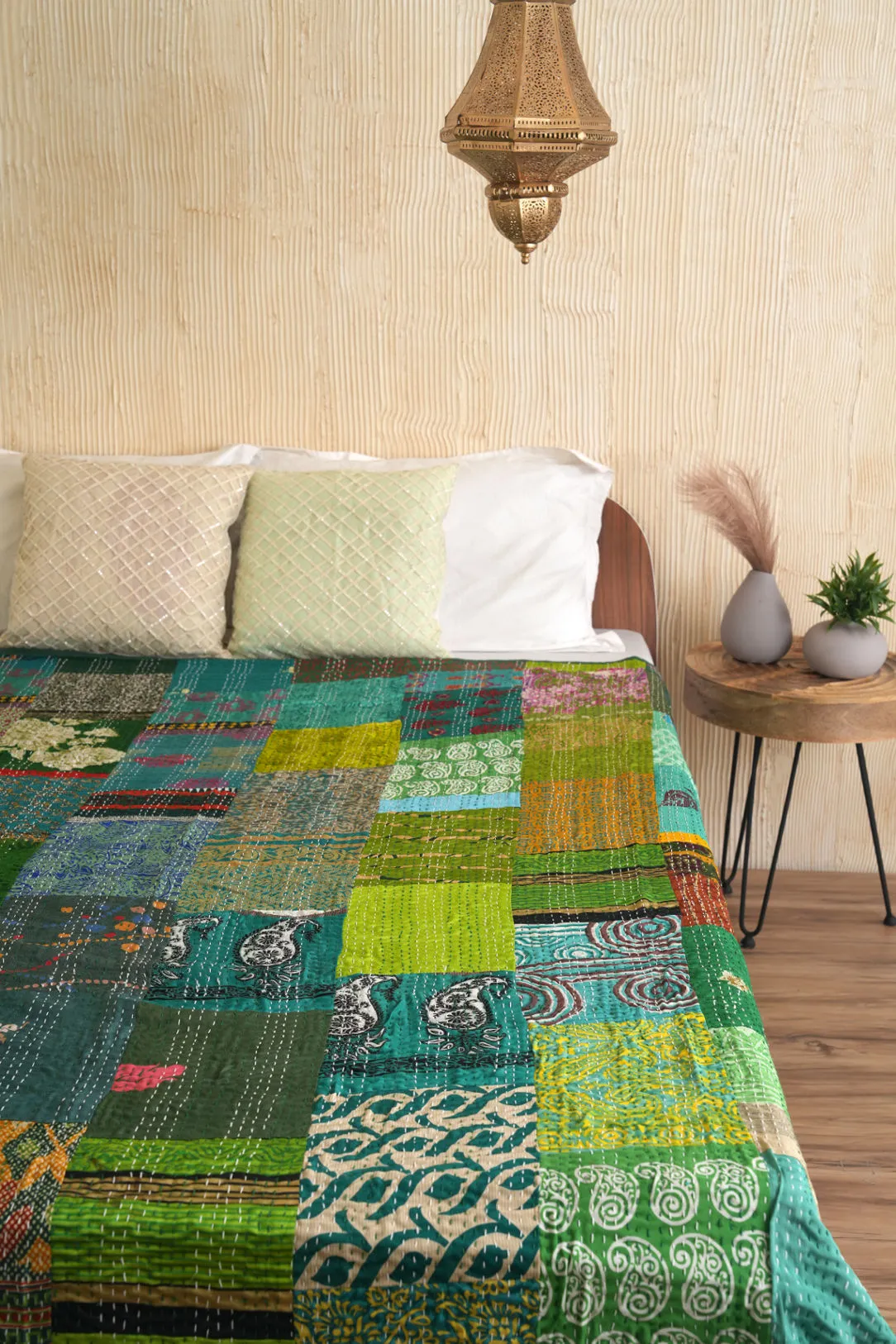 Green Patchwork Silk Kantha Bedspread