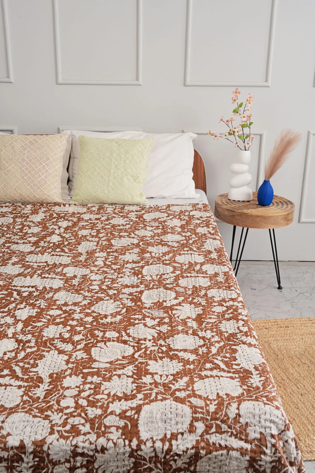 Brown Minimalist Hand Printed Indian Cotton Kantha Quilt