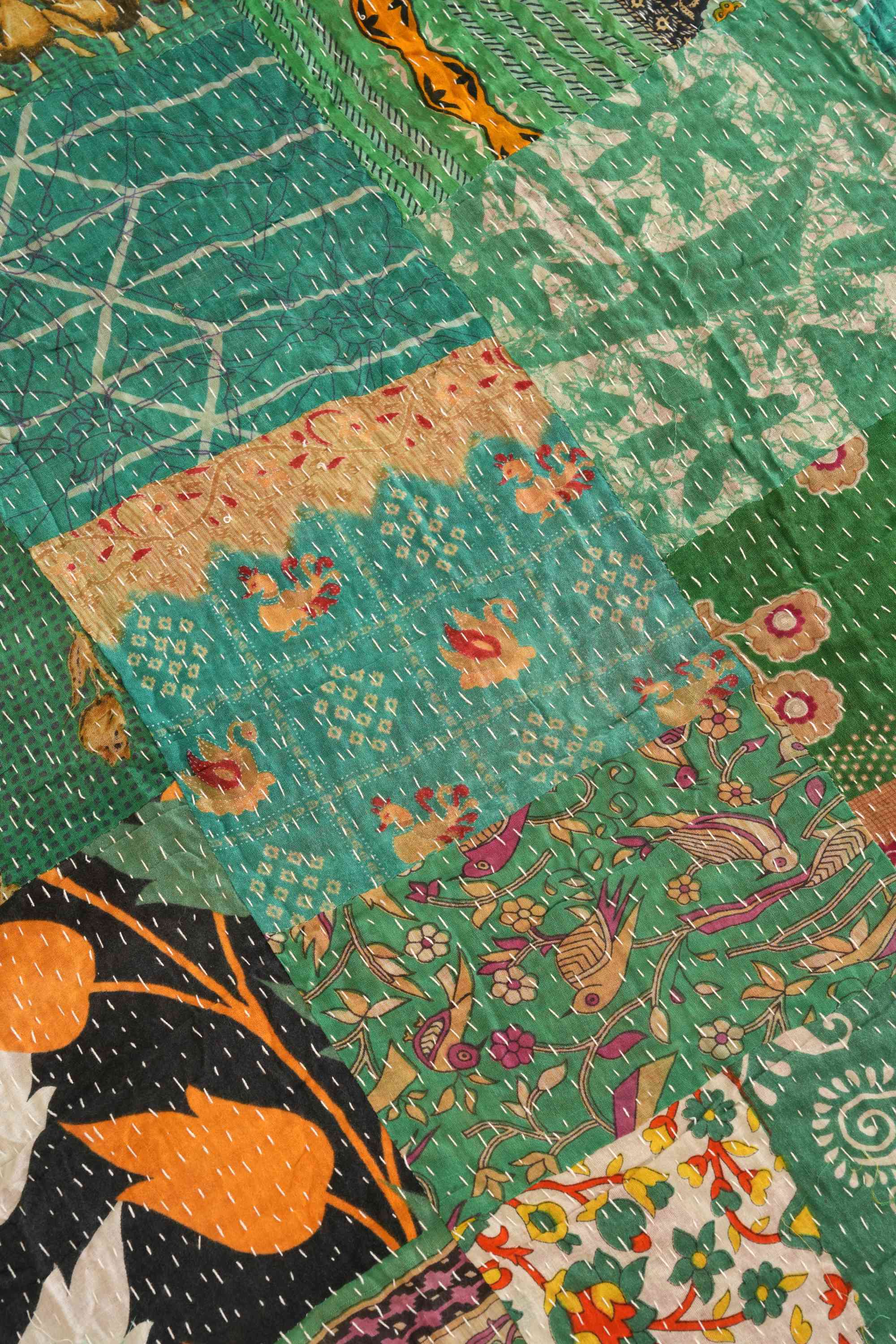 Handmade Green Vintage Patchwork Kantha Quilt