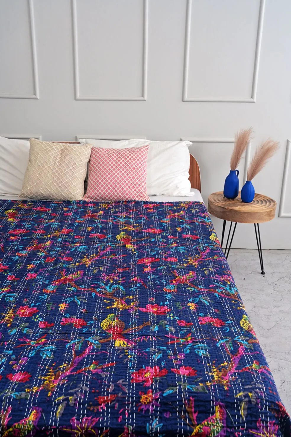 Blue Birds & Flowers Kantha Bedspread