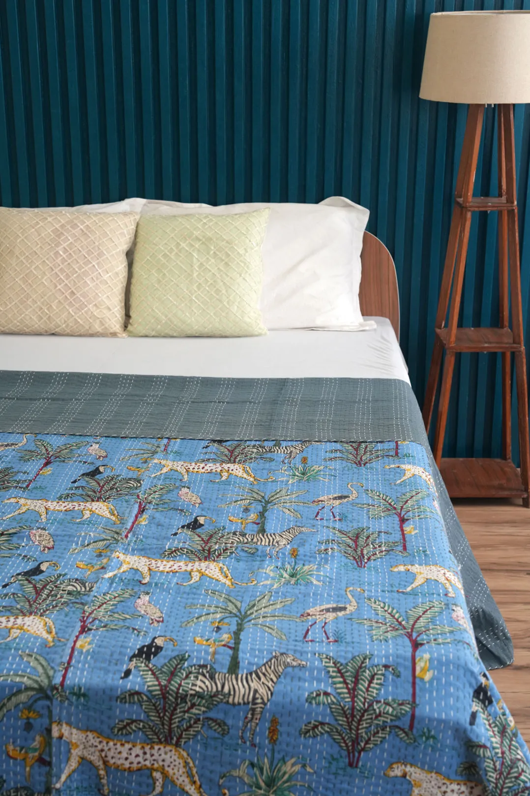 Blue Safari Cheetah Jungle Kantha Quilt