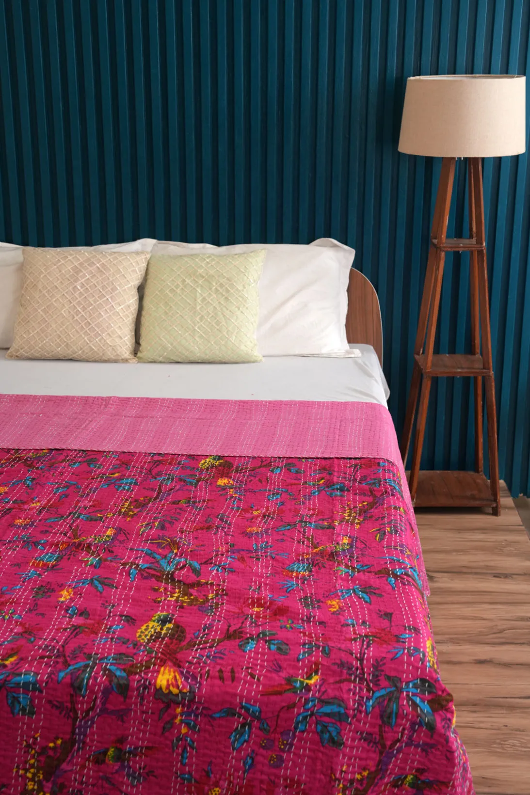 Pink Bird Cotton Kantha Quilt