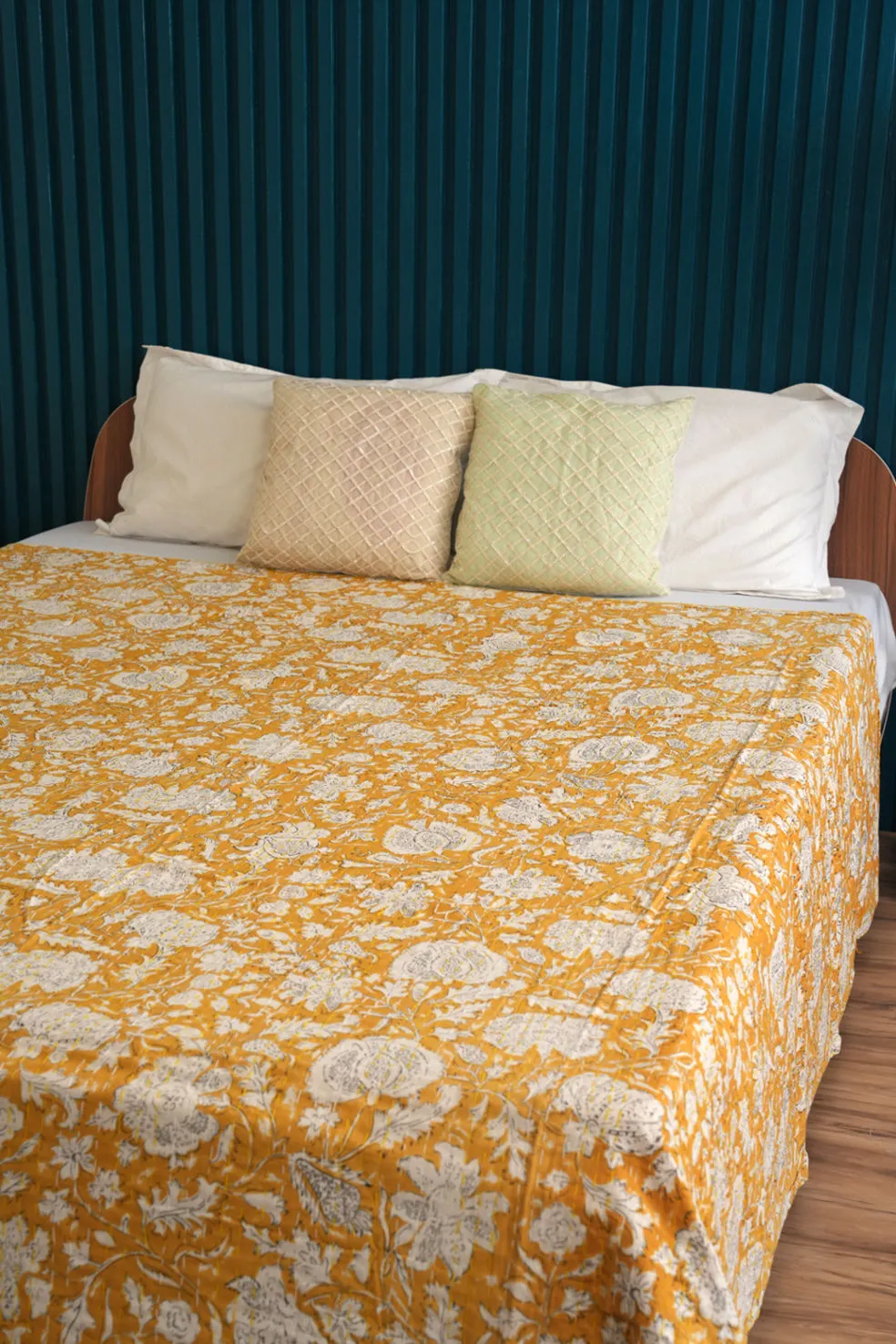 Mustard Yellow Kantha Quilt, Indian Handmade Bedspread, Minimalist Bedding, Unique Home Decor