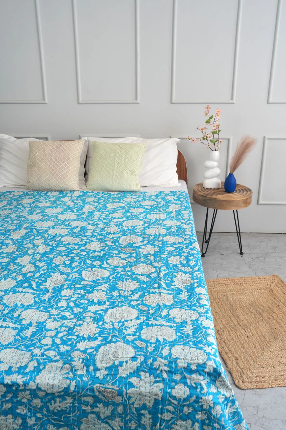 Turquoise Leafy Kantha Bedspread