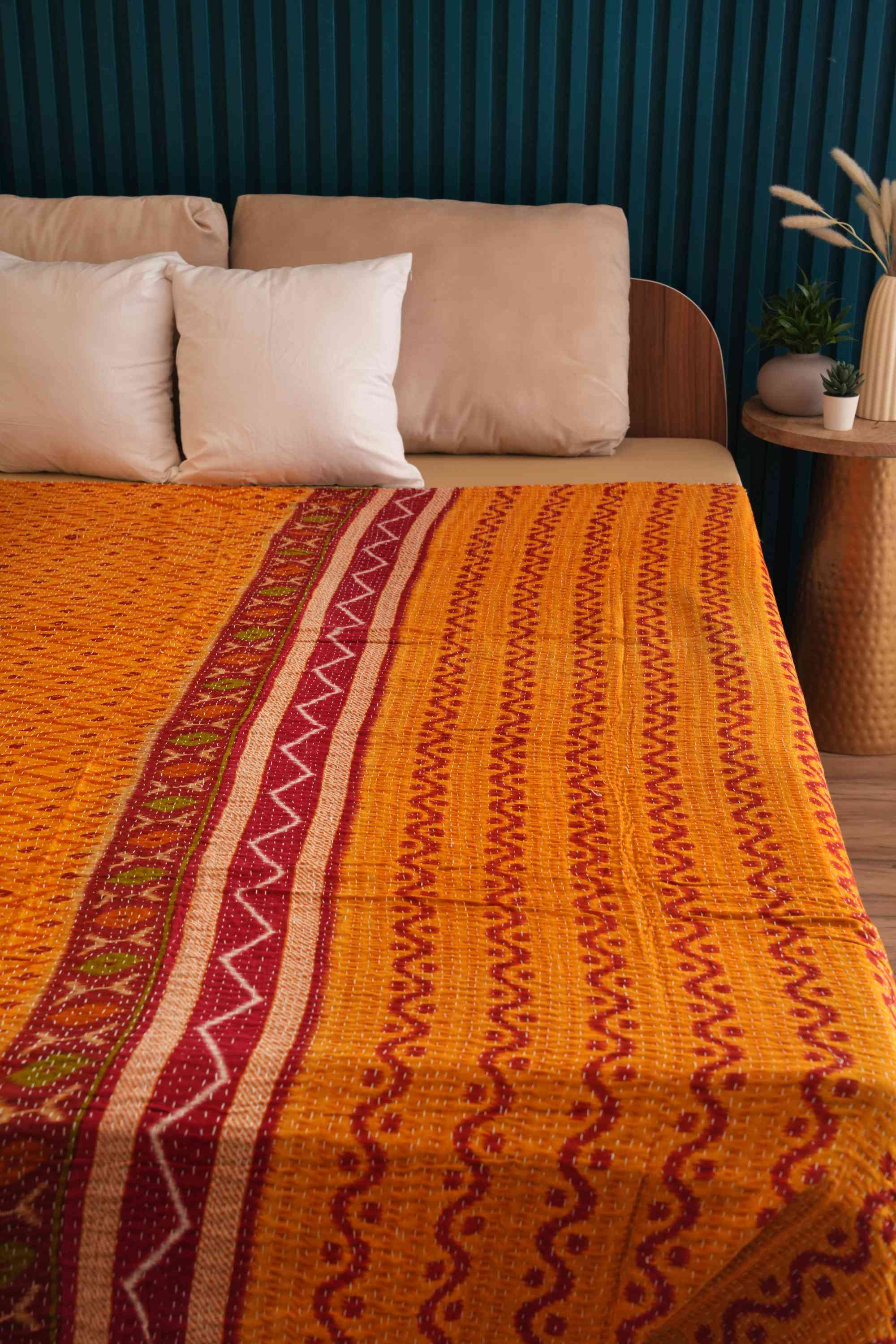 Handmade Cotton Vintage kantha Quilt Yellow