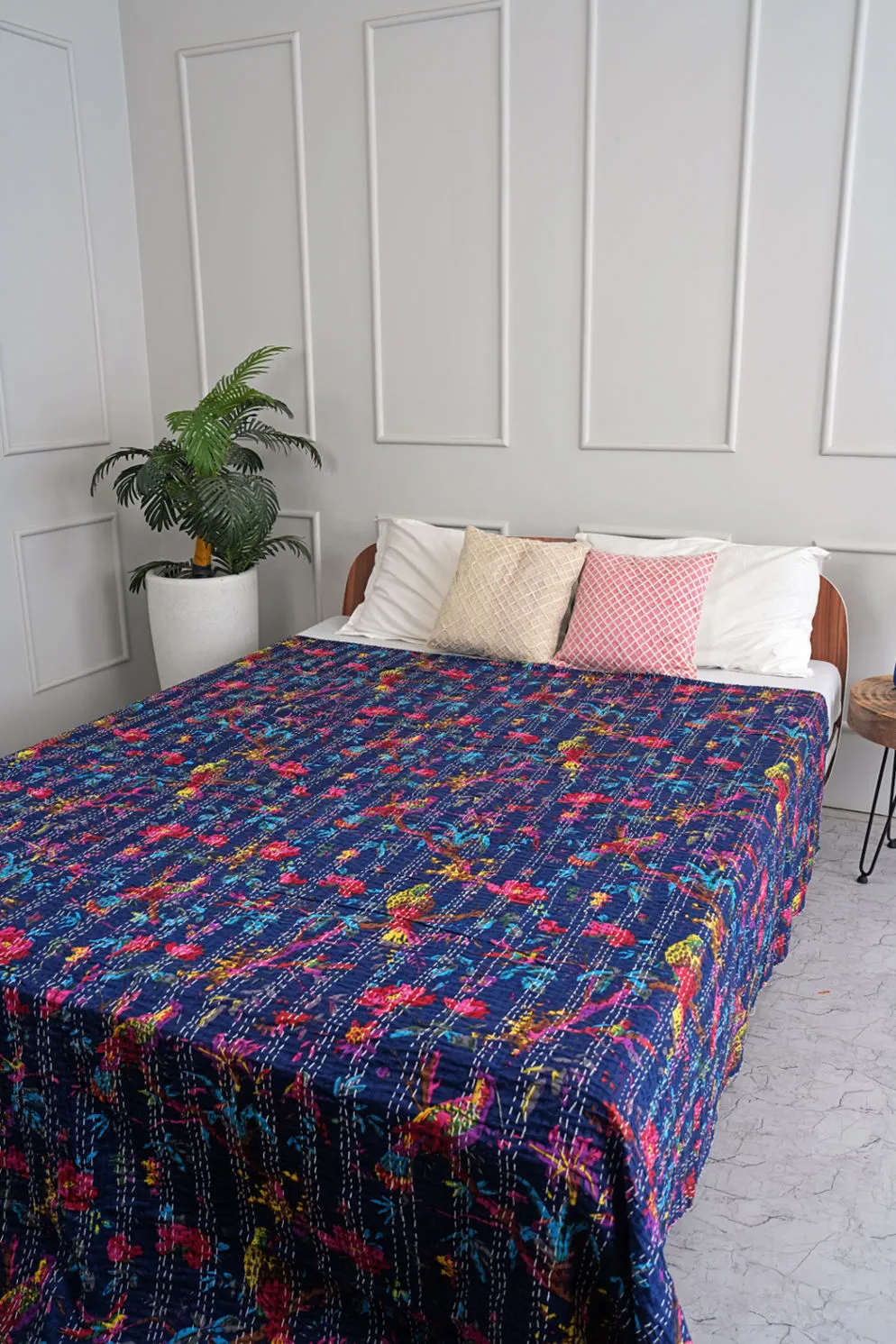 Blue Birds & Flowers Kantha Bedspread