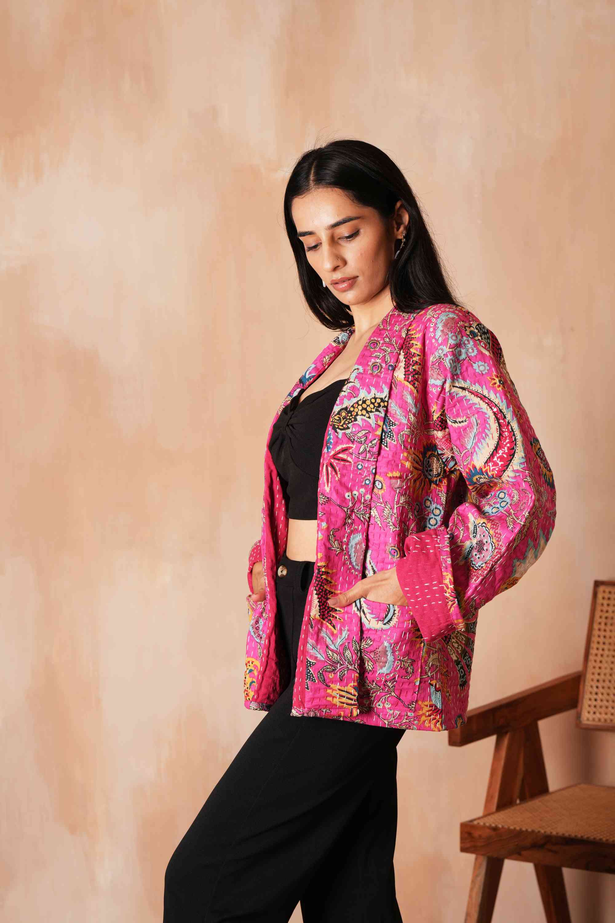 Floral Cotton Kantha Jacket - Pink