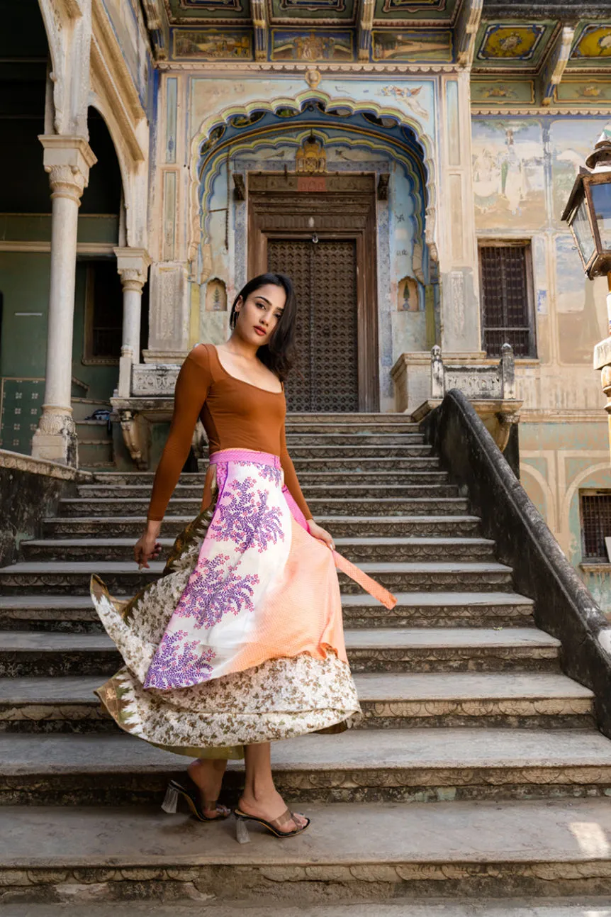 Flowy Silk Sari Natural Long Wrap Skirt