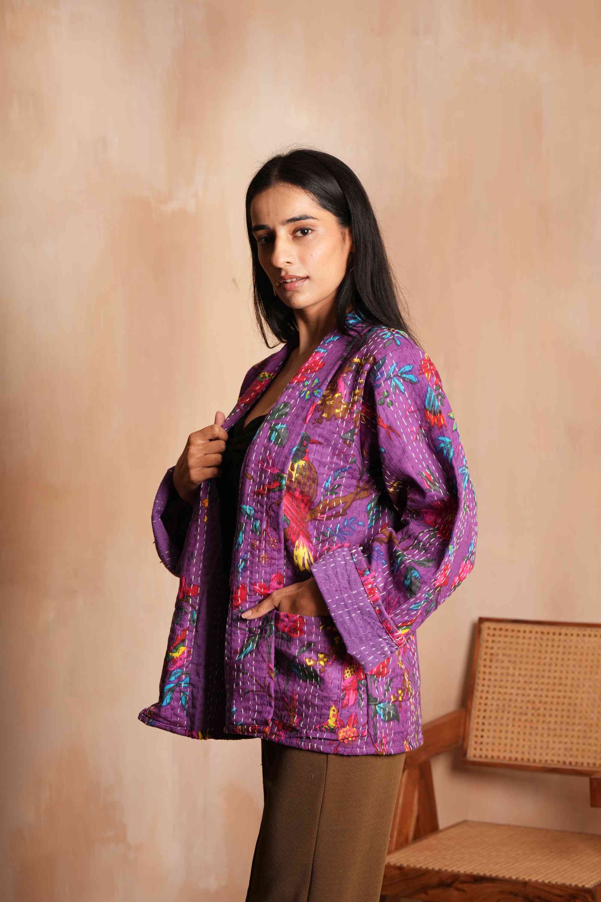 Handmade Peacock Cotton Kantha Jacket Purple