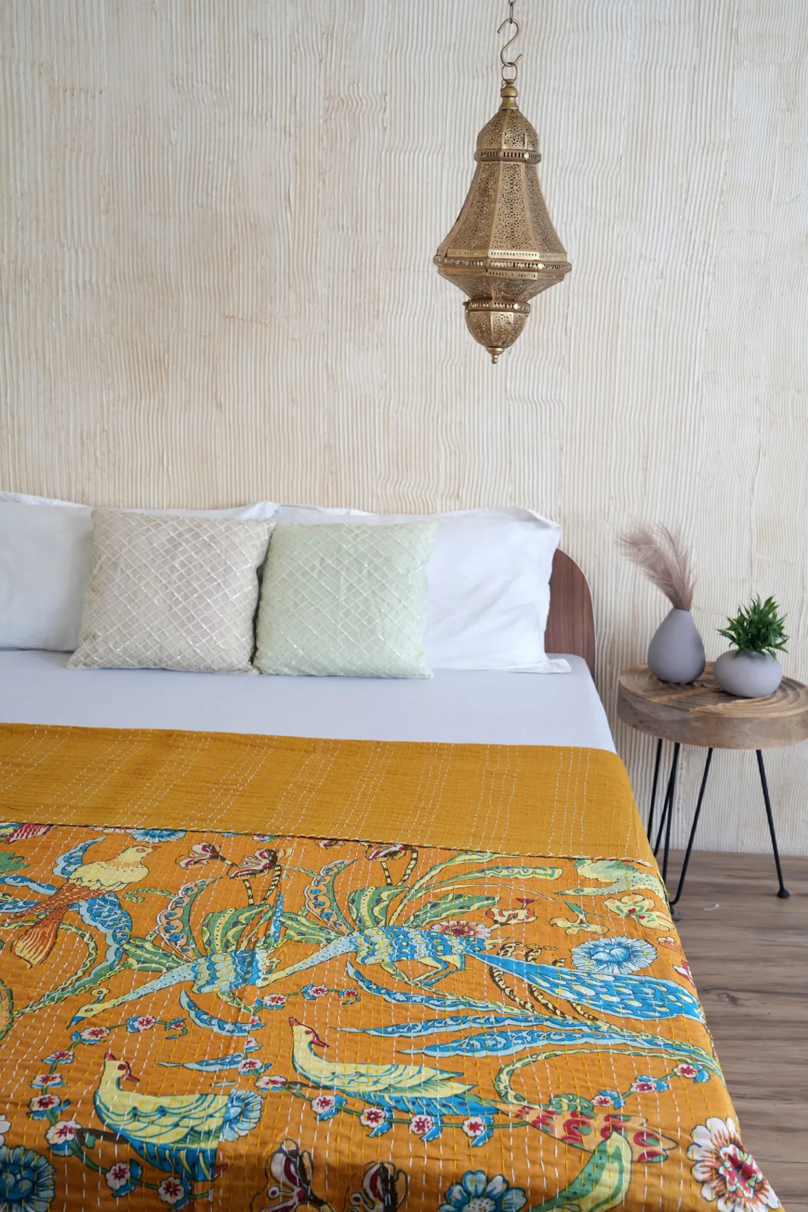 Peacock Kantha Quilt - Mustard Yellow