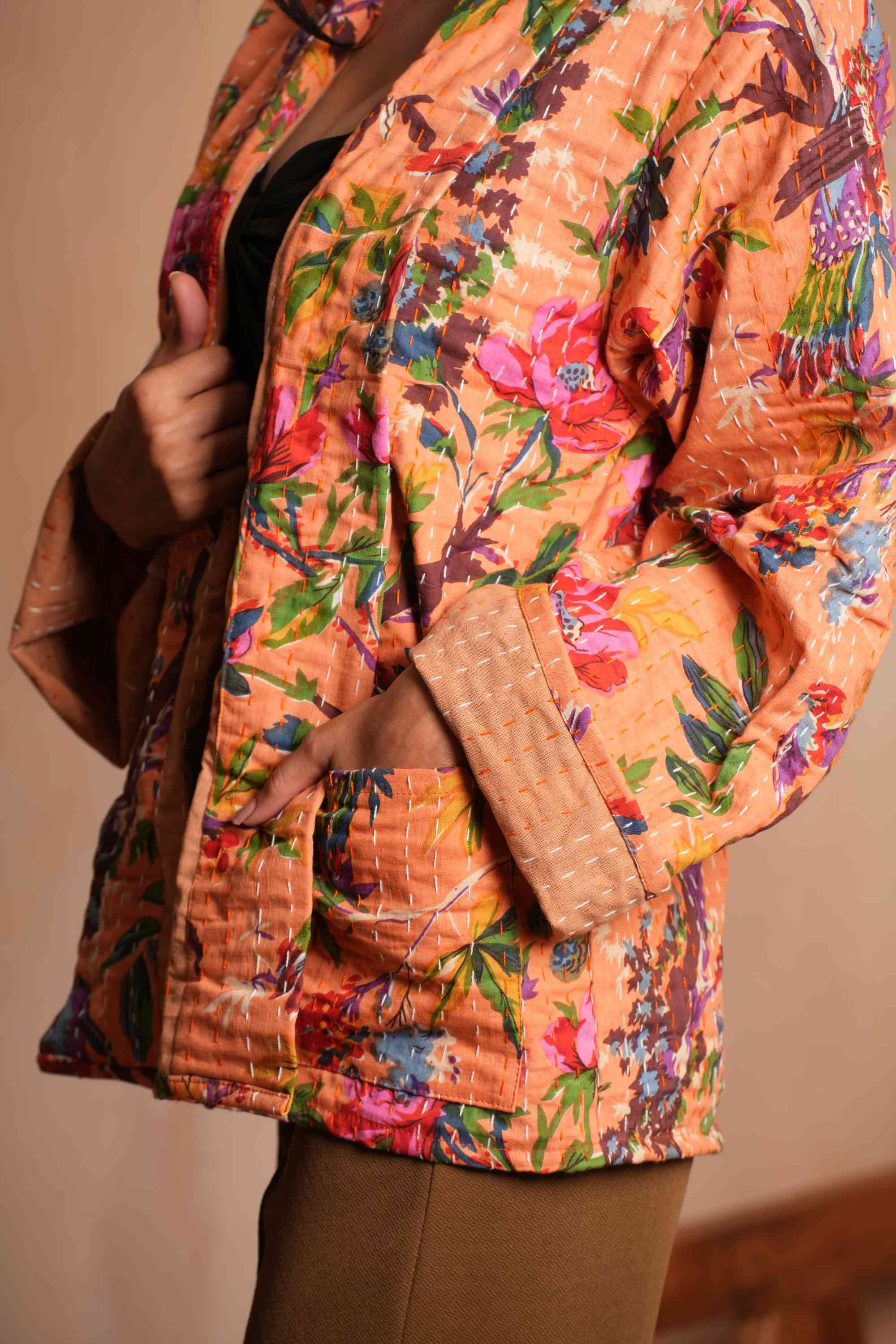 Handmade Flower Cotton Kantha Jacket Peach