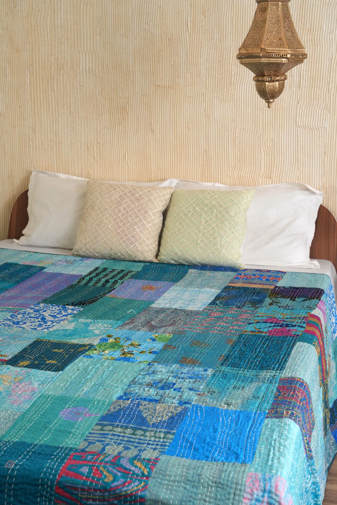 Luxe Silk Patchwork Turquoise Kantha Quilt