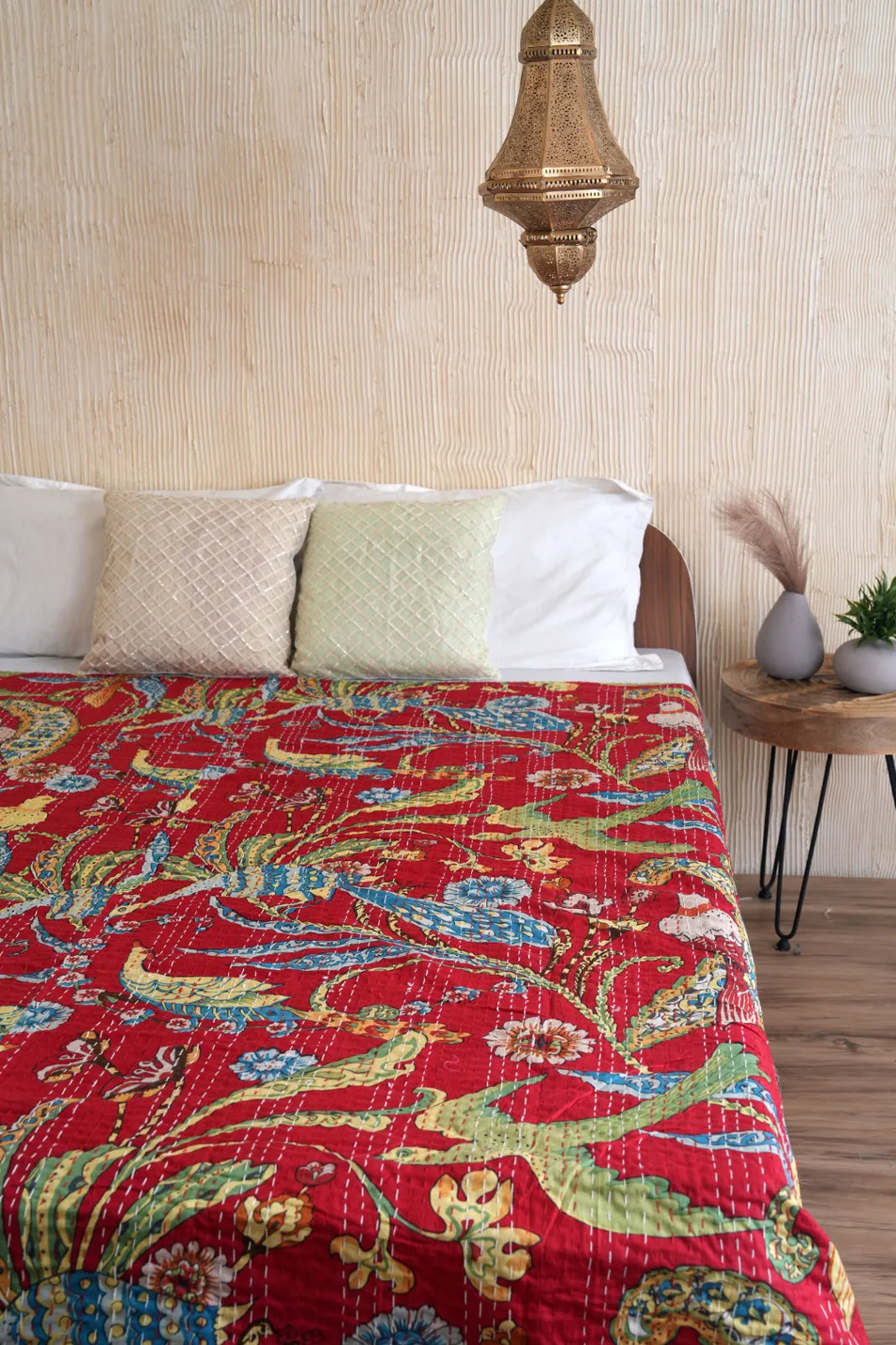 Peacock Kantha Quilt - Red