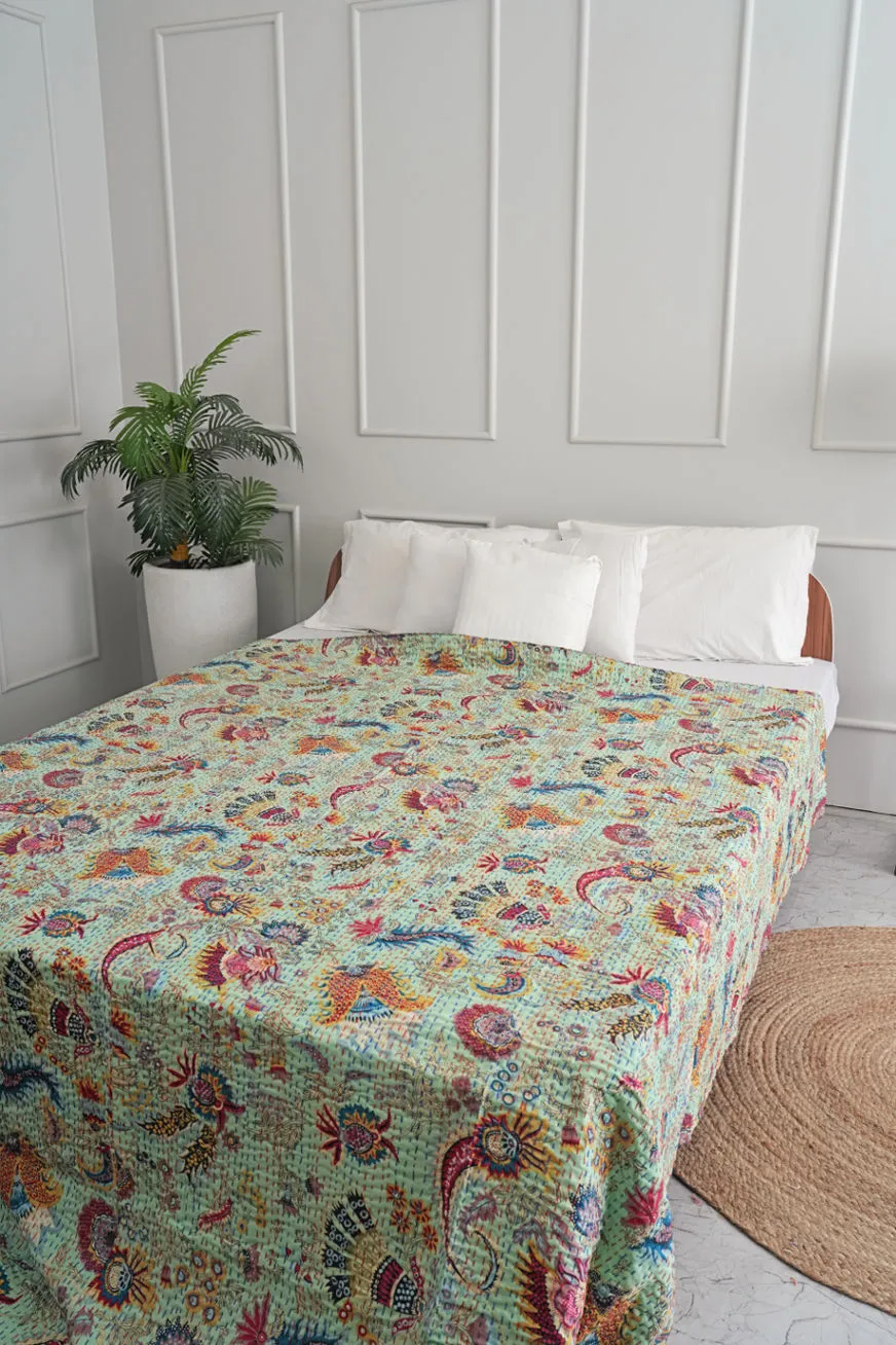 Green Wildflower Kantha Bedspread